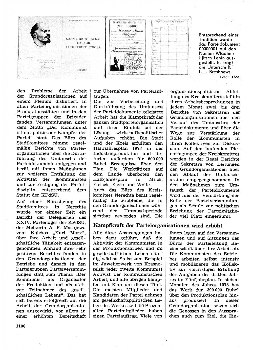 Neuer Weg (NW), Organ des Zentralkomitees (ZK) der SED (Sozialistische Einheitspartei Deutschlands) für Fragen des Parteilebens, 28. Jahrgang [Deutsche Demokratische Republik (DDR)] 1973, Seite 1100 (NW ZK SED DDR 1973, S. 1100)