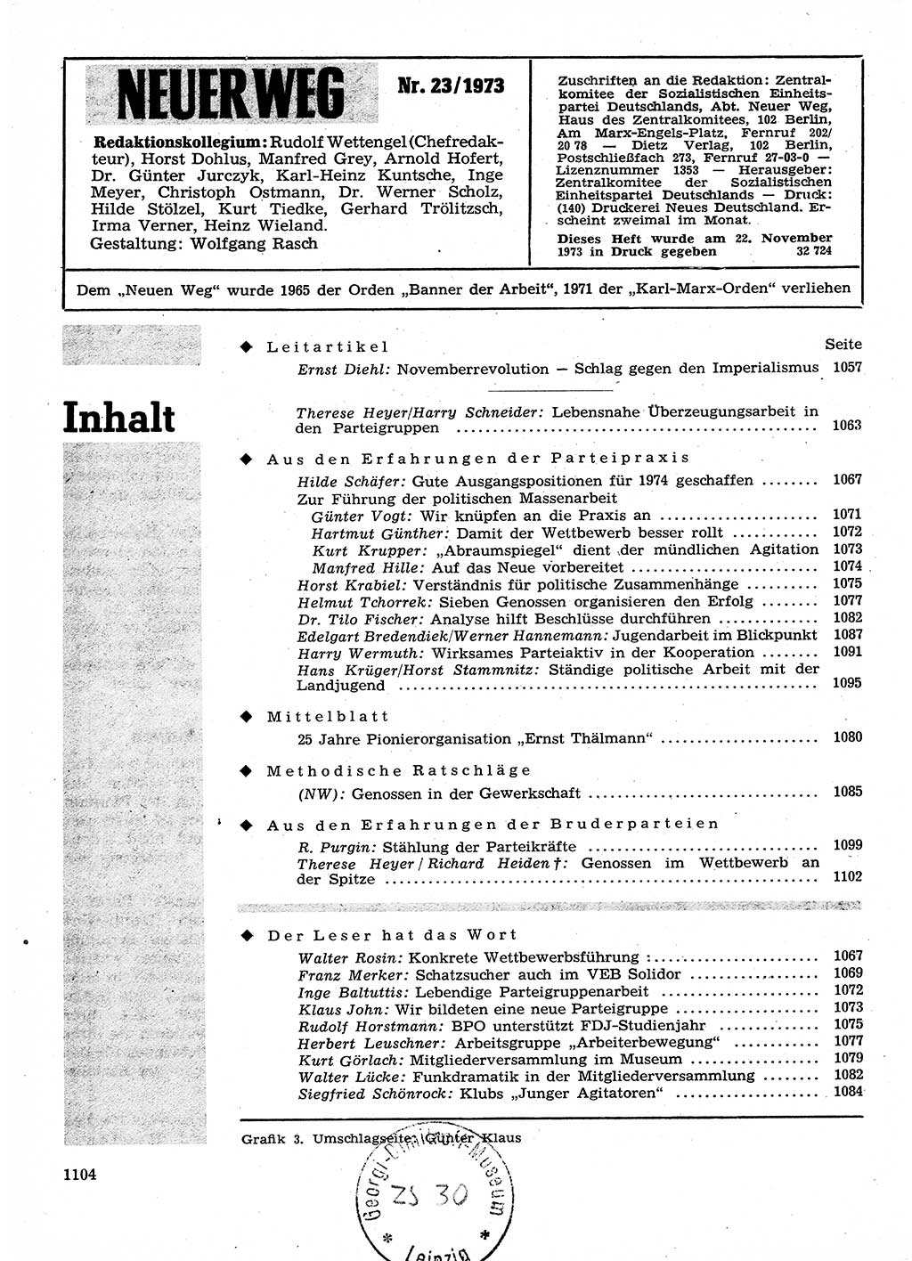 Neuer Weg (NW), Organ des Zentralkomitees (ZK) der SED (Sozialistische Einheitspartei Deutschlands) für Fragen des Parteilebens, 28. Jahrgang [Deutsche Demokratische Republik (DDR)] 1973, Seite 1104 (NW ZK SED DDR 1973, S. 1104)