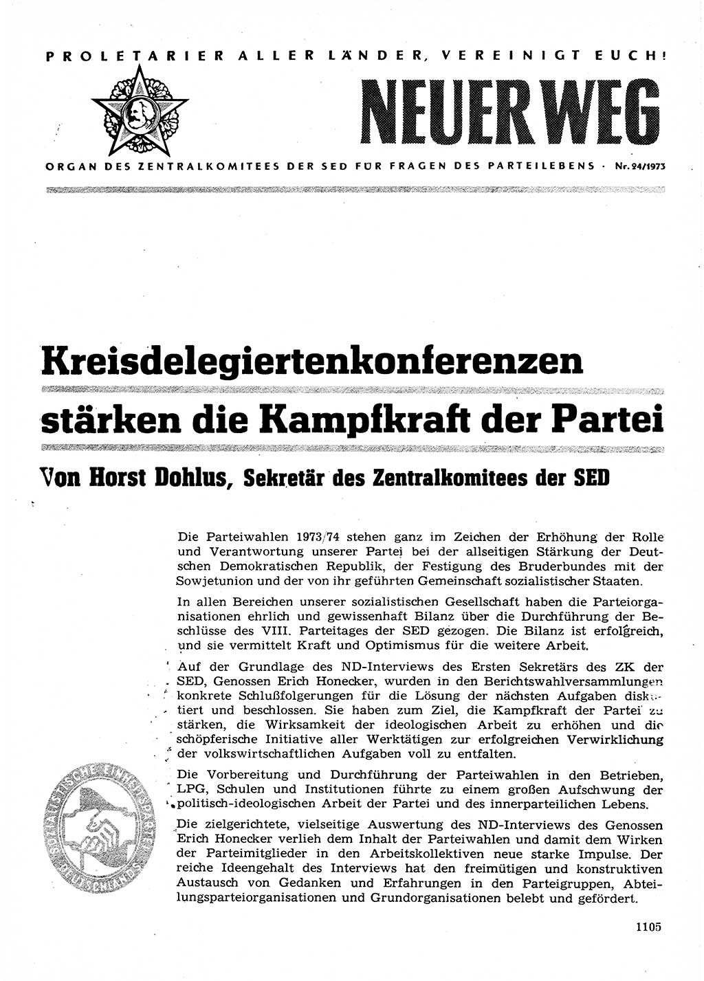 Neuer Weg (NW), Organ des Zentralkomitees (ZK) der SED (Sozialistische Einheitspartei Deutschlands) für Fragen des Parteilebens, 28. Jahrgang [Deutsche Demokratische Republik (DDR)] 1973, Seite 1105 (NW ZK SED DDR 1973, S. 1105)