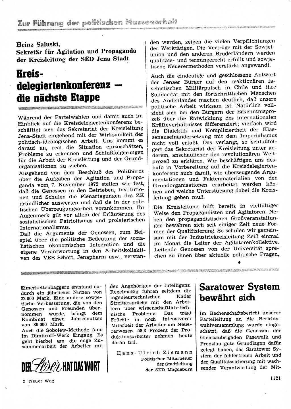 Neuer Weg (NW), Organ des Zentralkomitees (ZK) der SED (Sozialistische Einheitspartei Deutschlands) für Fragen des Parteilebens, 28. Jahrgang [Deutsche Demokratische Republik (DDR)] 1973, Seite 1121 (NW ZK SED DDR 1973, S. 1121)