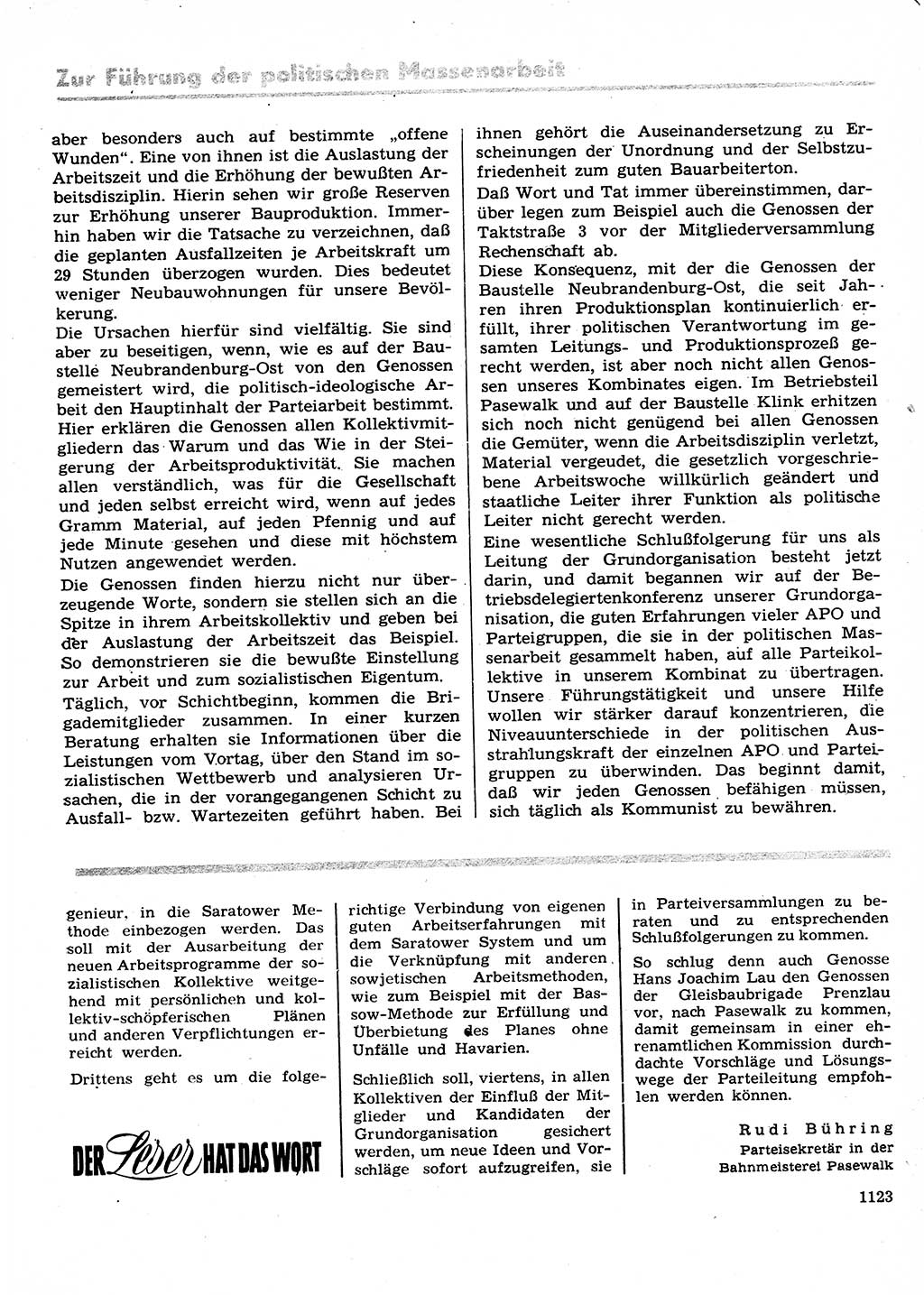 Neuer Weg (NW), Organ des Zentralkomitees (ZK) der SED (Sozialistische Einheitspartei Deutschlands) für Fragen des Parteilebens, 28. Jahrgang [Deutsche Demokratische Republik (DDR)] 1973, Seite 1123 (NW ZK SED DDR 1973, S. 1123)