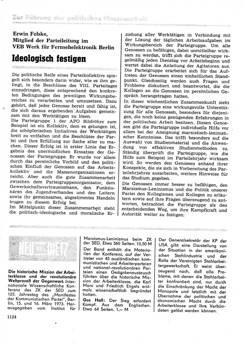 Neuer Weg (NW), Organ des Zentralkomitees (ZK) der SED (Sozialistische Einheitspartei Deutschlands) für Fragen des Parteilebens, 28. Jahrgang [Deutsche Demokratische Republik (DDR)] 1973, Seite 1124 (NW ZK SED DDR 1973, S. 1124)