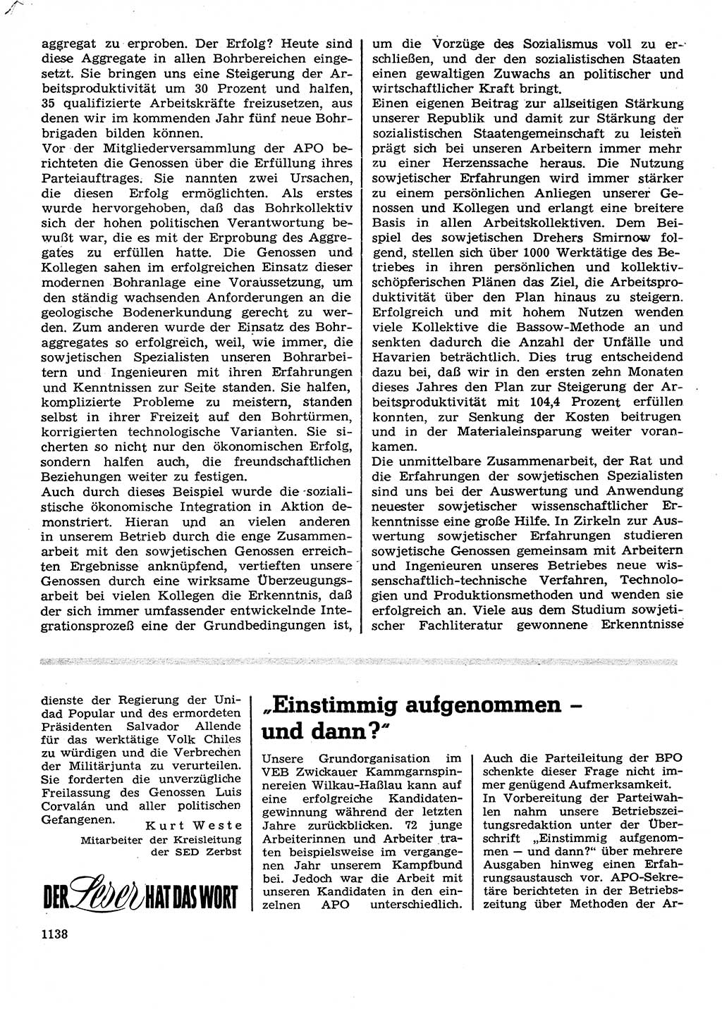 Neuer Weg (NW), Organ des Zentralkomitees (ZK) der SED (Sozialistische Einheitspartei Deutschlands) für Fragen des Parteilebens, 28. Jahrgang [Deutsche Demokratische Republik (DDR)] 1973, Seite 1138 (NW ZK SED DDR 1973, S. 1138)