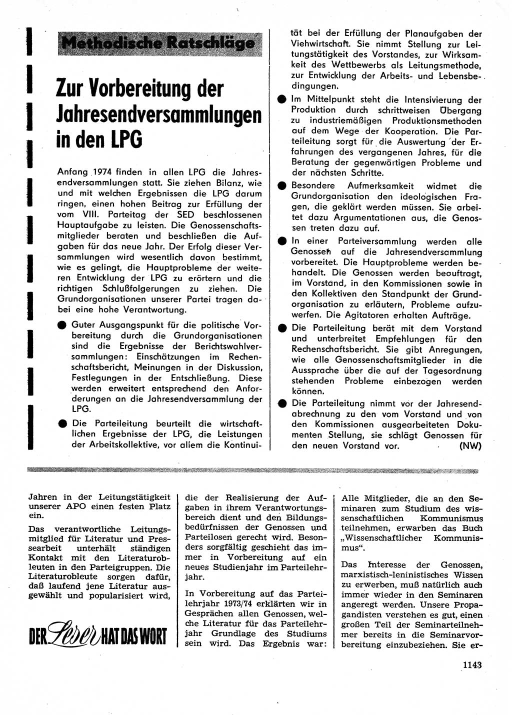 Neuer Weg (NW), Organ des Zentralkomitees (ZK) der SED (Sozialistische Einheitspartei Deutschlands) für Fragen des Parteilebens, 28. Jahrgang [Deutsche Demokratische Republik (DDR)] 1973, Seite 1143 (NW ZK SED DDR 1973, S. 1143)