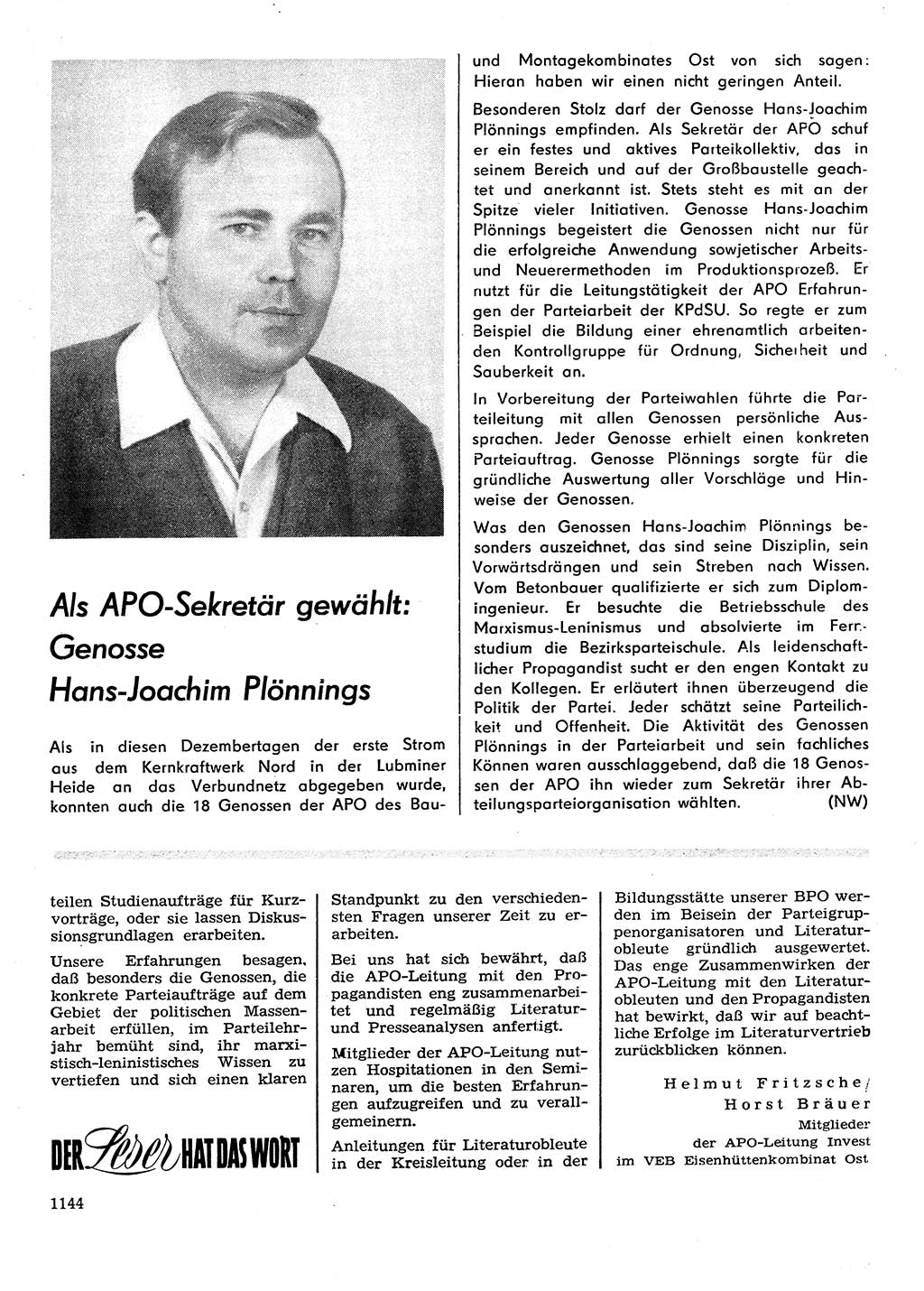 Neuer Weg (NW), Organ des Zentralkomitees (ZK) der SED (Sozialistische Einheitspartei Deutschlands) für Fragen des Parteilebens, 28. Jahrgang [Deutsche Demokratische Republik (DDR)] 1973, Seite 1144 (NW ZK SED DDR 1973, S. 1144)