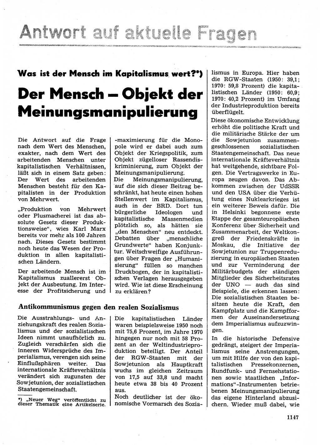 Neuer Weg (NW), Organ des Zentralkomitees (ZK) der SED (Sozialistische Einheitspartei Deutschlands) für Fragen des Parteilebens, 28. Jahrgang [Deutsche Demokratische Republik (DDR)] 1973, Seite 1147 (NW ZK SED DDR 1973, S. 1147)