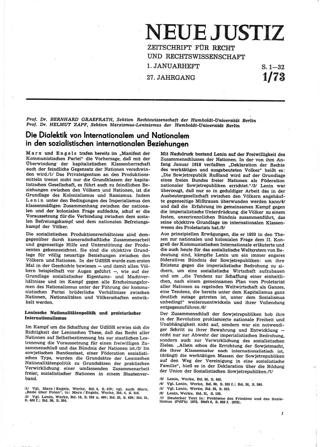 Neue Justiz (NJ), Zeitschrift für Recht und Rechtswissenschaft [Deutsche Demokratische Republik (DDR)], 27. Jahrgang 1973, Seite 1 (NJ DDR 1973, S. 1)
