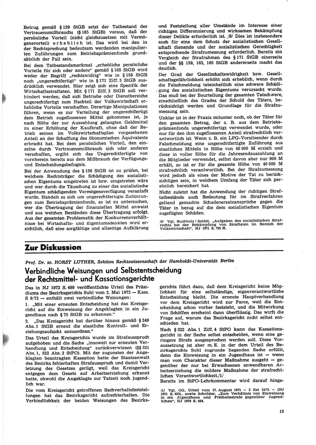 Neue Justiz (NJ), Zeitschrift für Recht und Rechtswissenschaft [Deutsche Demokratische Republik (DDR)], 27. Jahrgang 1973, Seite 15 (NJ DDR 1973, S. 15)