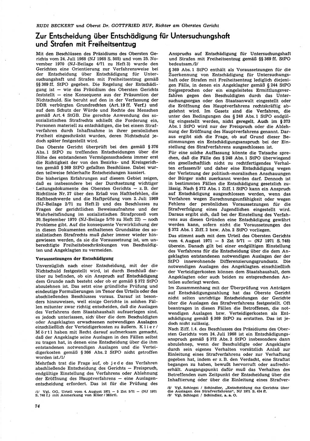 Neue Justiz (NJ), Zeitschrift für Recht und Rechtswissenschaft [Deutsche Demokratische Republik (DDR)], 27. Jahrgang 1973, Seite 74 (NJ DDR 1973, S. 74)