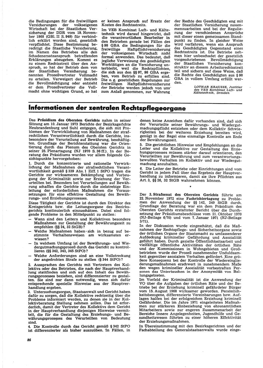 Neue Justiz (NJ), Zeitschrift für Recht und Rechtswissenschaft [Deutsche Demokratische Republik (DDR)], 27. Jahrgang 1973, Seite 86 (NJ DDR 1973, S. 86)