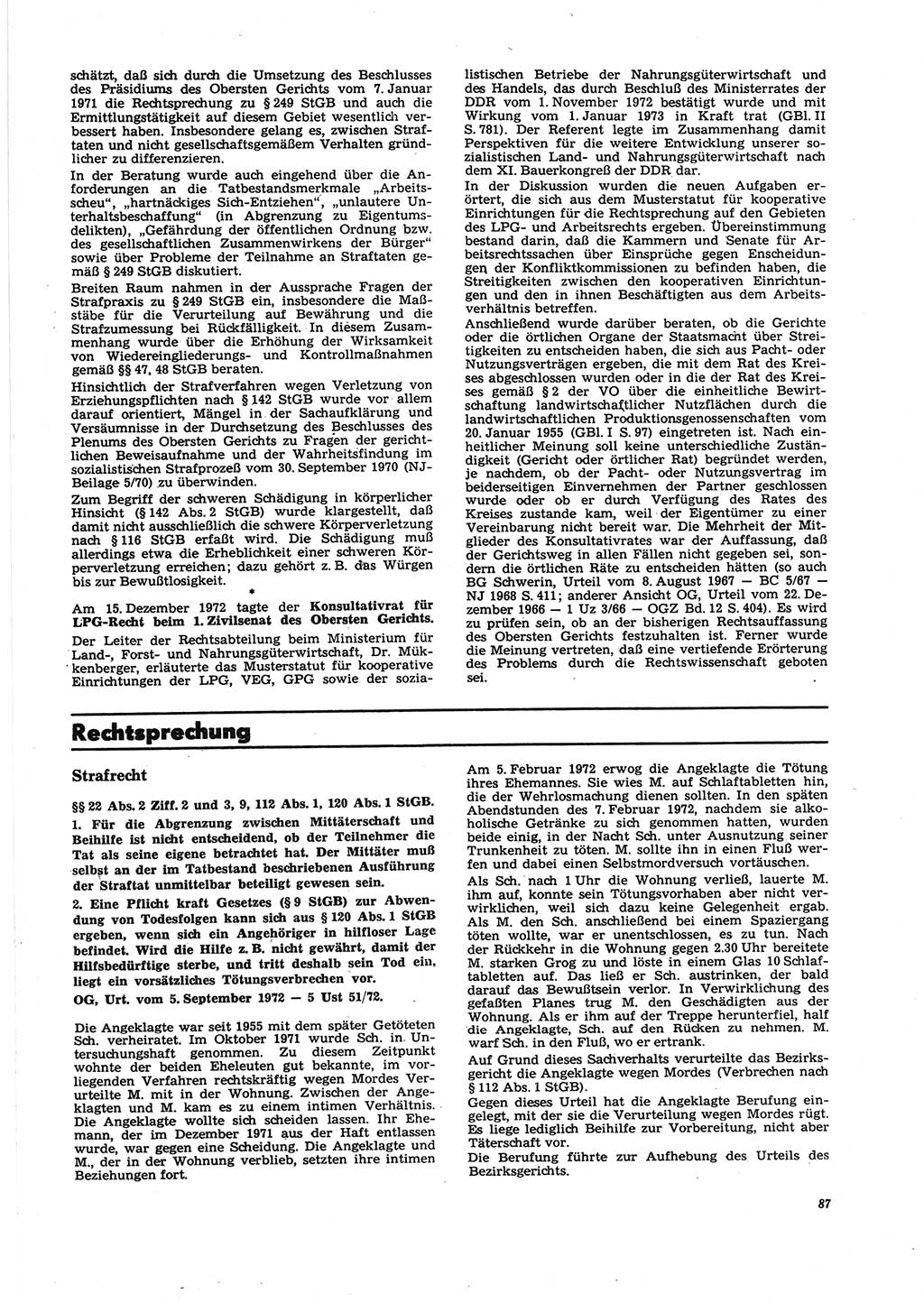 Neue Justiz (NJ), Zeitschrift für Recht und Rechtswissenschaft [Deutsche Demokratische Republik (DDR)], 27. Jahrgang 1973, Seite 87 (NJ DDR 1973, S. 87)