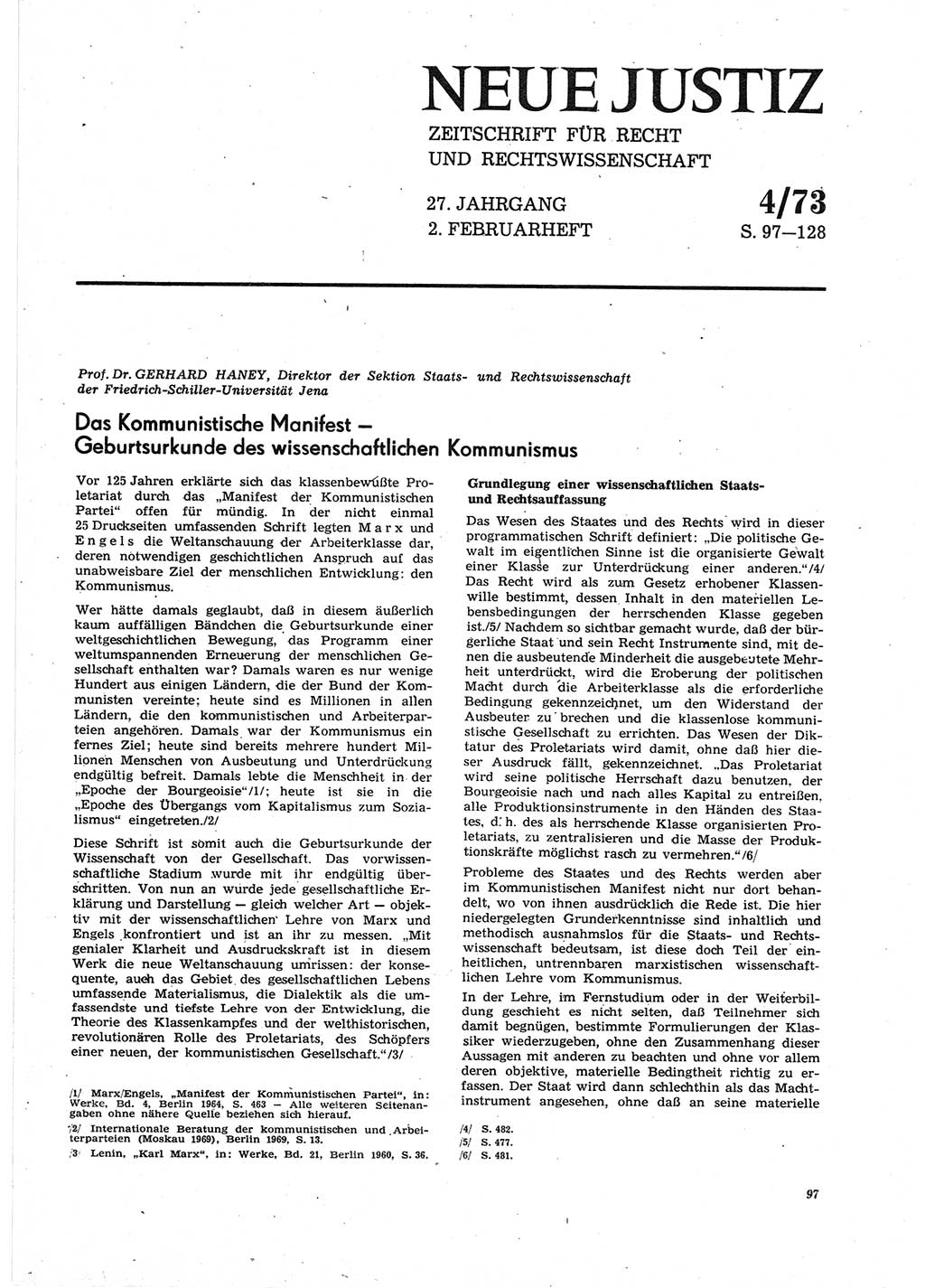Neue Justiz (NJ), Zeitschrift für Recht und Rechtswissenschaft [Deutsche Demokratische Republik (DDR)], 27. Jahrgang 1973, Seite 97 (NJ DDR 1973, S. 97)