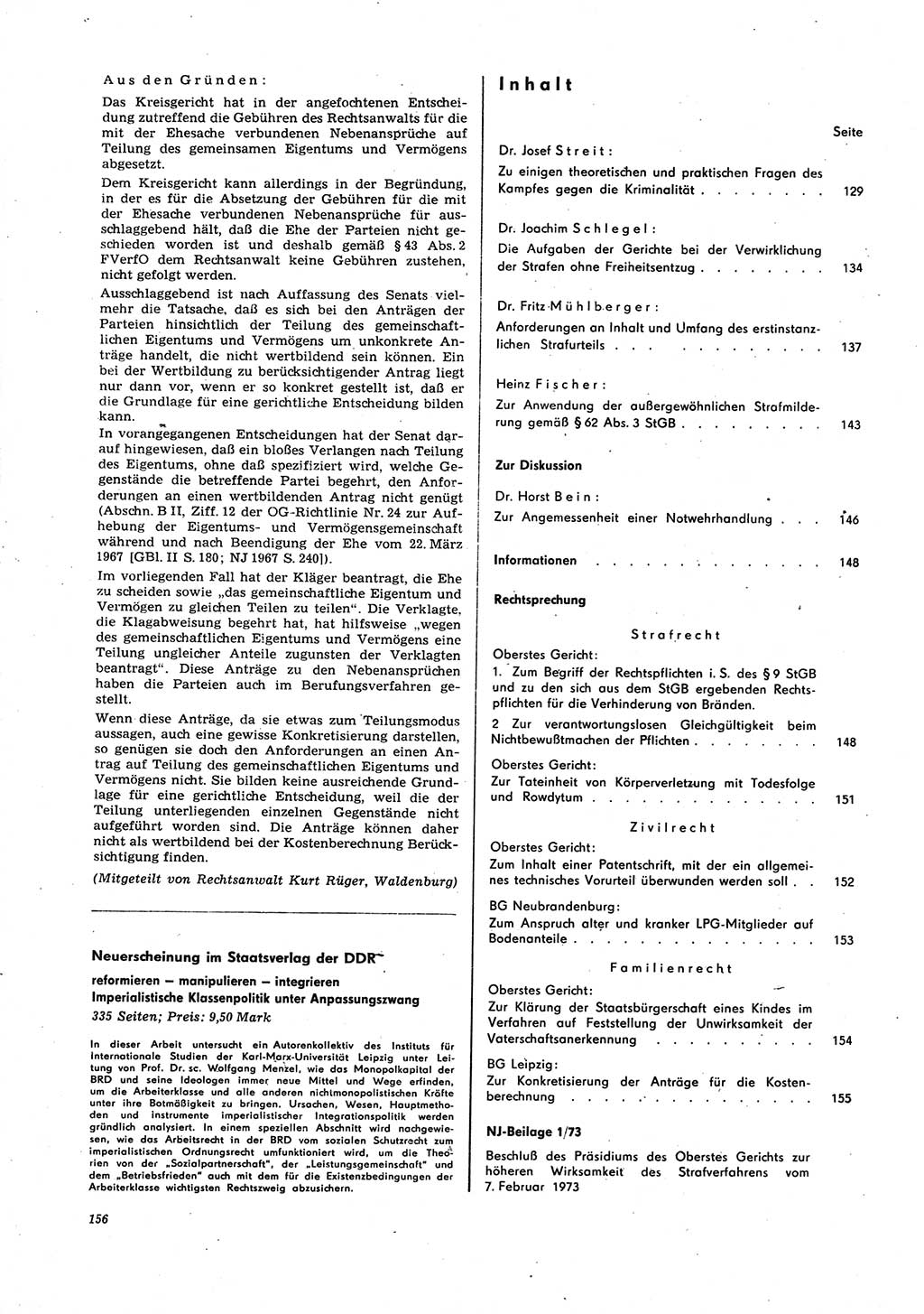 Neue Justiz (NJ), Zeitschrift für Recht und Rechtswissenschaft [Deutsche Demokratische Republik (DDR)], 27. Jahrgang 1973, Seite 156 (NJ DDR 1973, S. 156)