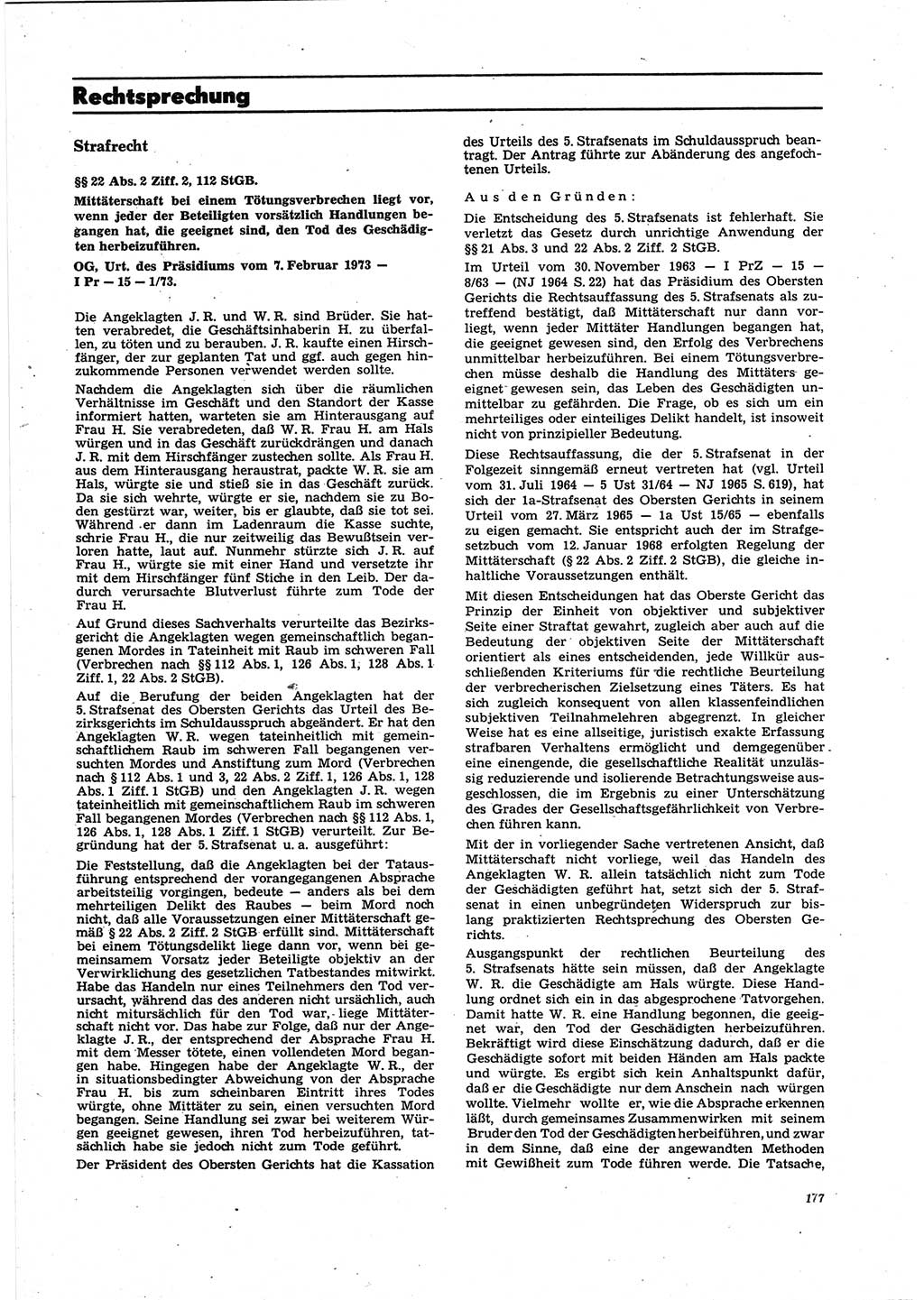 Neue Justiz (NJ), Zeitschrift für Recht und Rechtswissenschaft [Deutsche Demokratische Republik (DDR)], 27. Jahrgang 1973, Seite 177 (NJ DDR 1973, S. 177)