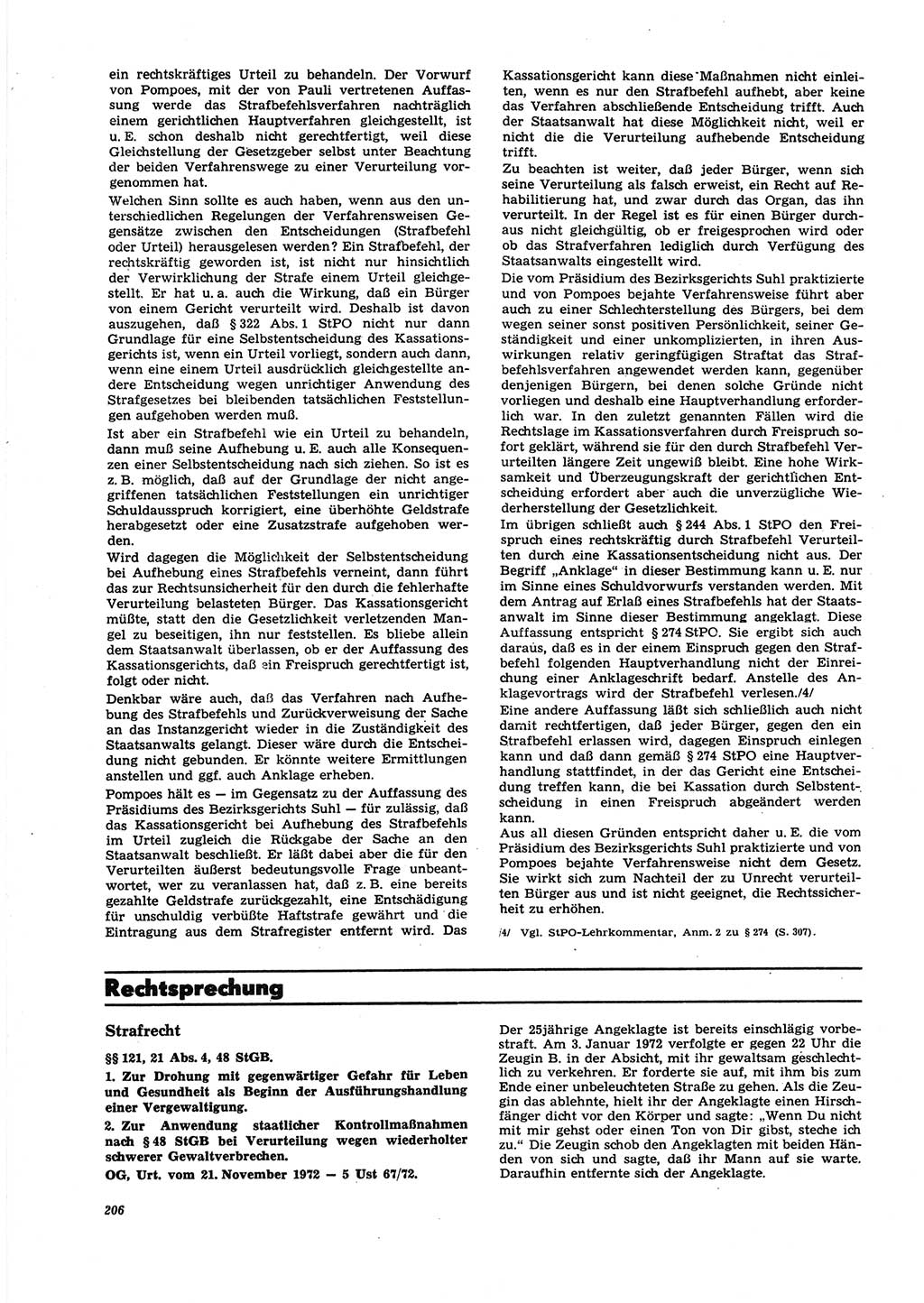 Neue Justiz (NJ), Zeitschrift für Recht und Rechtswissenschaft [Deutsche Demokratische Republik (DDR)], 27. Jahrgang 1973, Seite 206 (NJ DDR 1973, S. 206)