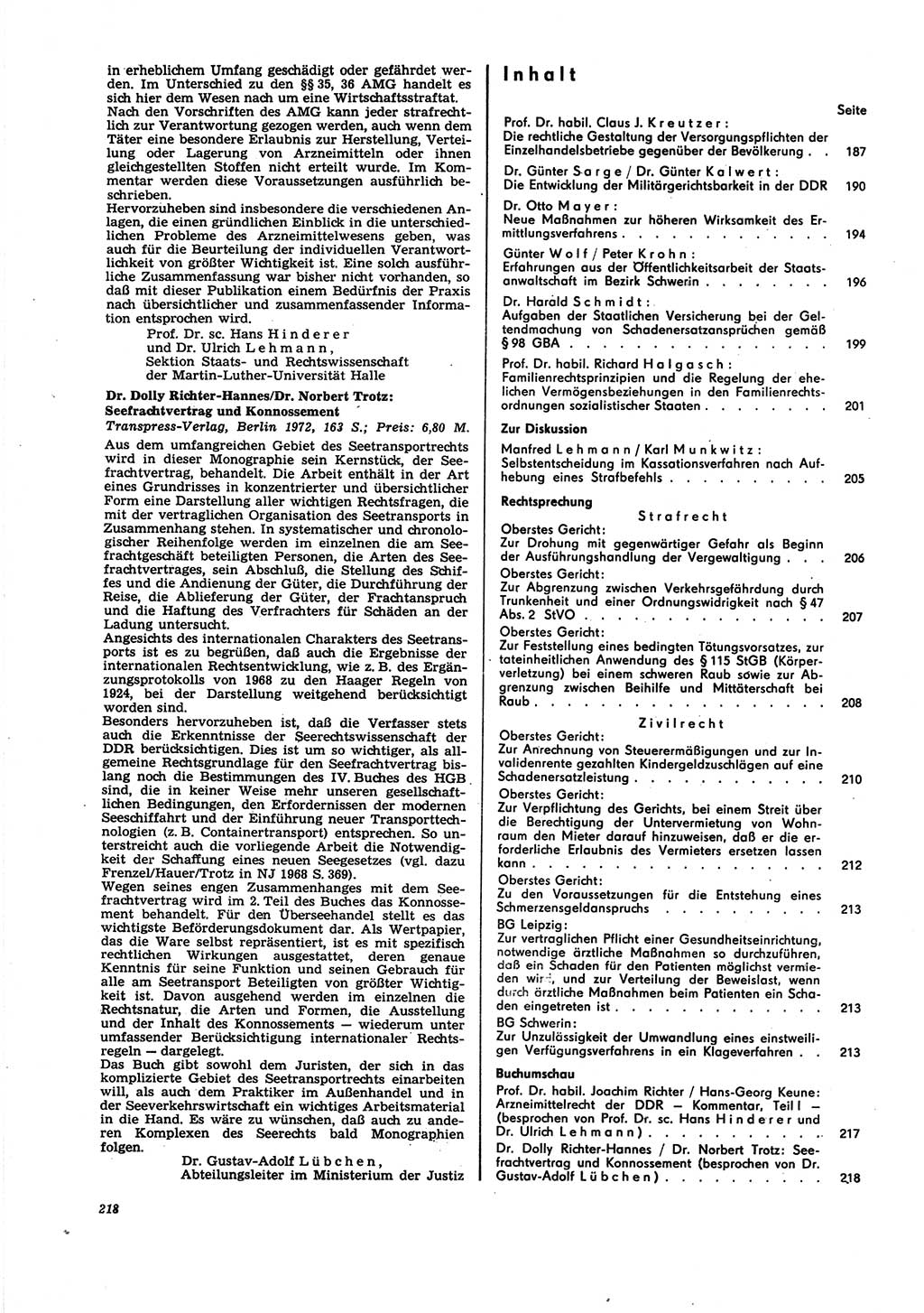 Neue Justiz (NJ), Zeitschrift für Recht und Rechtswissenschaft [Deutsche Demokratische Republik (DDR)], 27. Jahrgang 1973, Seite 218 (NJ DDR 1973, S. 218)