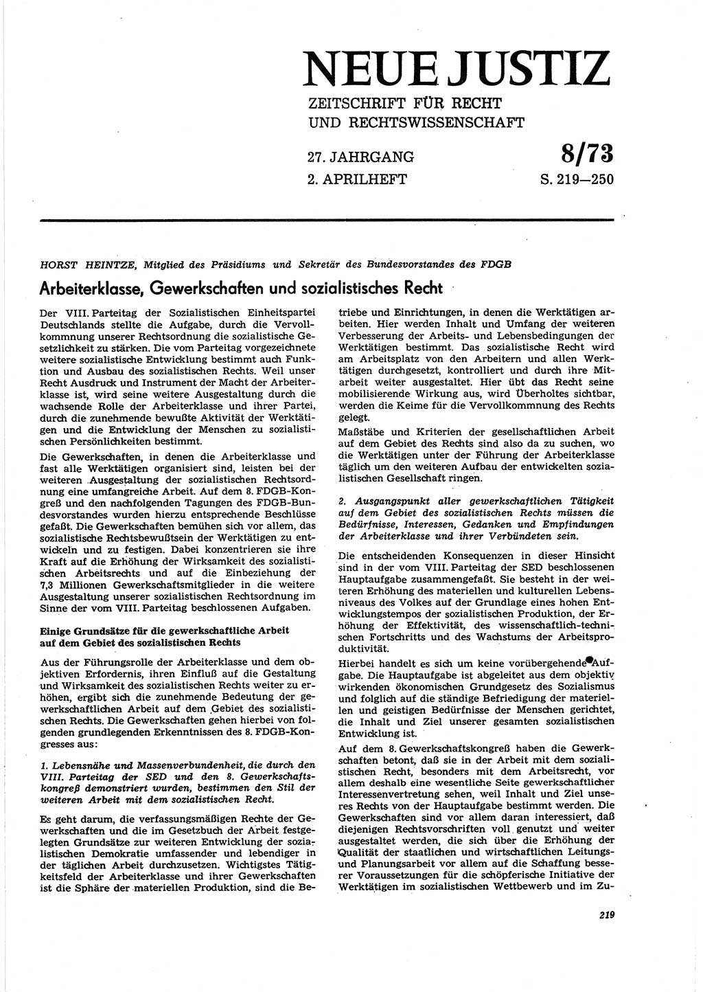 Neue Justiz (NJ), Zeitschrift für Recht und Rechtswissenschaft [Deutsche Demokratische Republik (DDR)], 27. Jahrgang 1973, Seite 219 (NJ DDR 1973, S. 219)