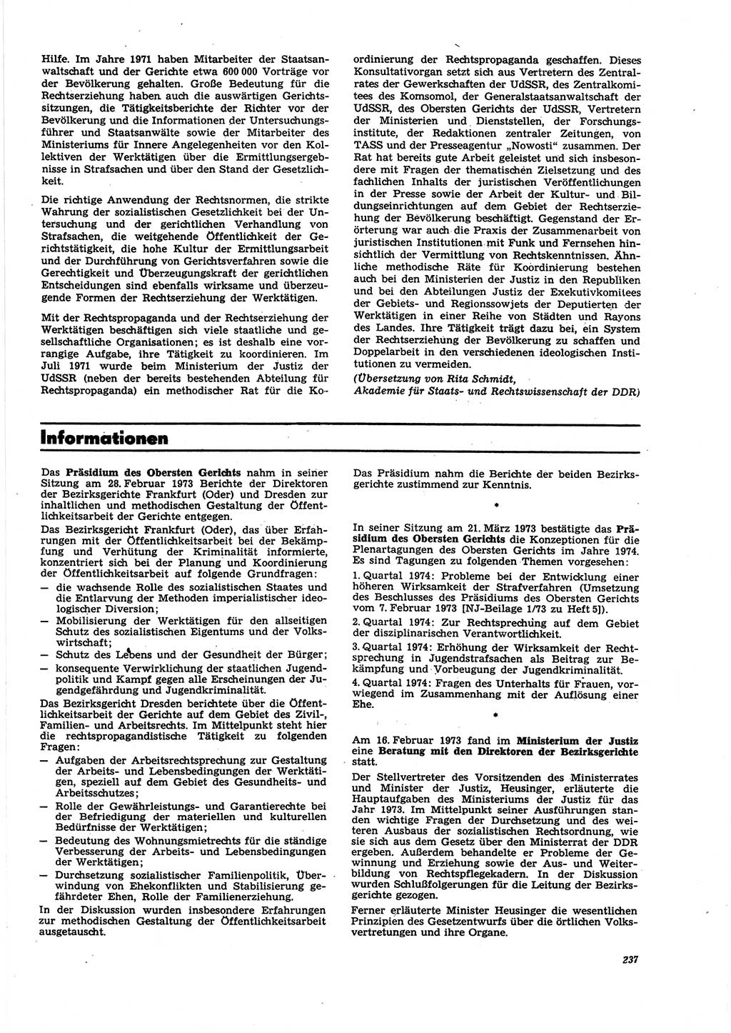 Neue Justiz (NJ), Zeitschrift für Recht und Rechtswissenschaft [Deutsche Demokratische Republik (DDR)], 27. Jahrgang 1973, Seite 237 (NJ DDR 1973, S. 237)