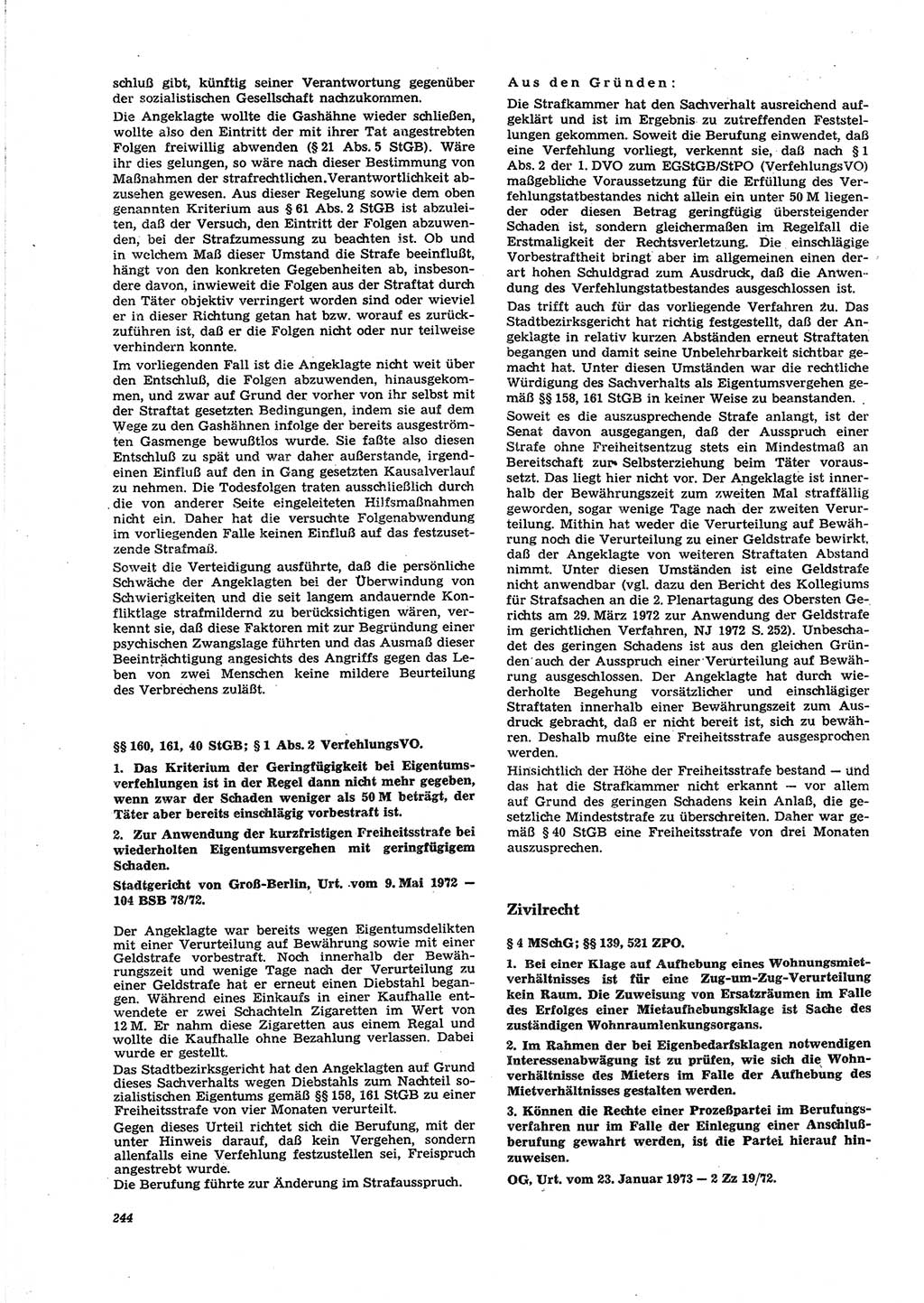 Neue Justiz (NJ), Zeitschrift für Recht und Rechtswissenschaft [Deutsche Demokratische Republik (DDR)], 27. Jahrgang 1973, Seite 244 (NJ DDR 1973, S. 244)