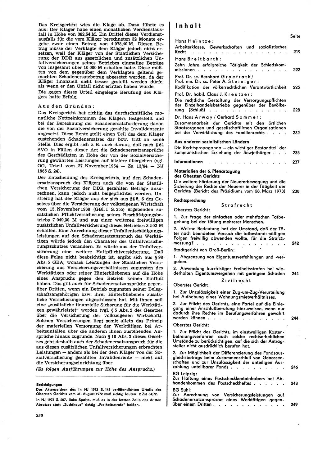 Neue Justiz (NJ), Zeitschrift für Recht und Rechtswissenschaft [Deutsche Demokratische Republik (DDR)], 27. Jahrgang 1973, Seite 250 (NJ DDR 1973, S. 250)