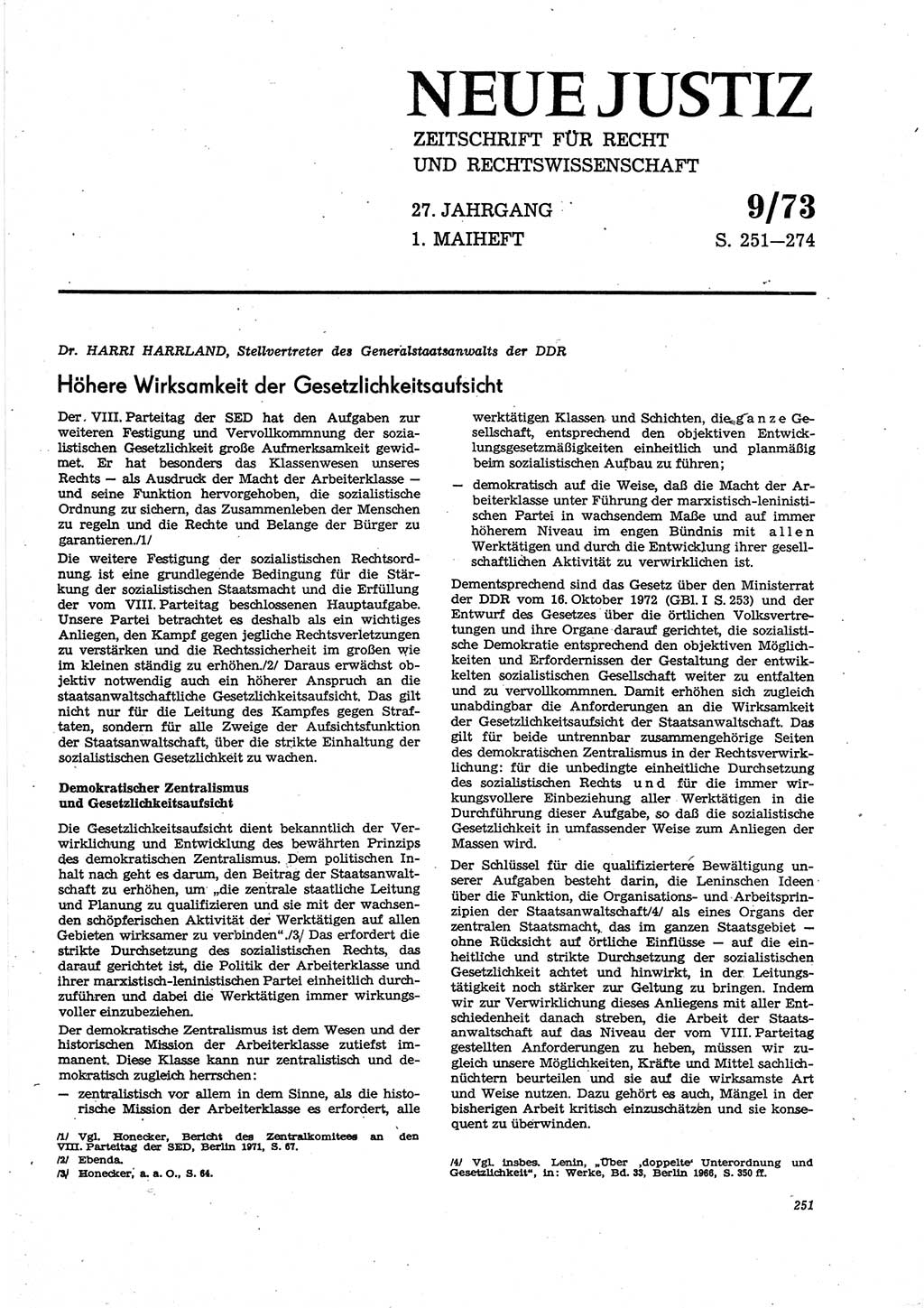 Neue Justiz (NJ), Zeitschrift für Recht und Rechtswissenschaft [Deutsche Demokratische Republik (DDR)], 27. Jahrgang 1973, Seite 251 (NJ DDR 1973, S. 251)