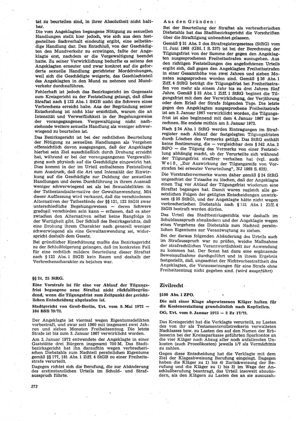 Neue Justiz (NJ), Zeitschrift für Recht und Rechtswissenschaft [Deutsche Demokratische Republik (DDR)], 27. Jahrgang 1973, Seite 272 (NJ DDR 1973, S. 272)