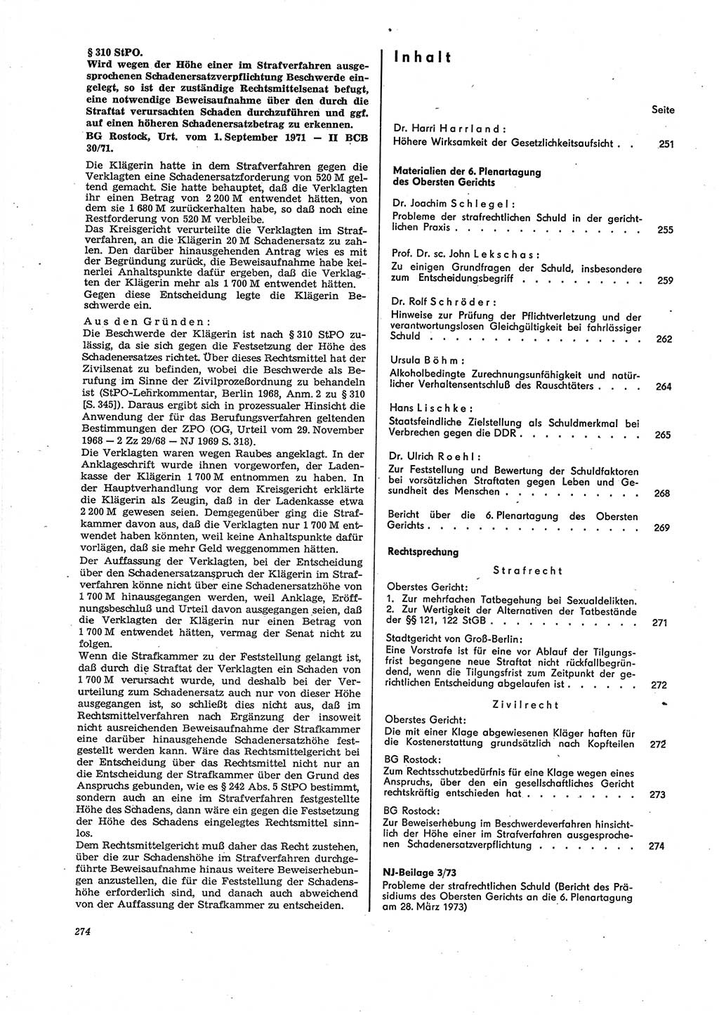 Neue Justiz (NJ), Zeitschrift für Recht und Rechtswissenschaft [Deutsche Demokratische Republik (DDR)], 27. Jahrgang 1973, Seite 274 (NJ DDR 1973, S. 274)