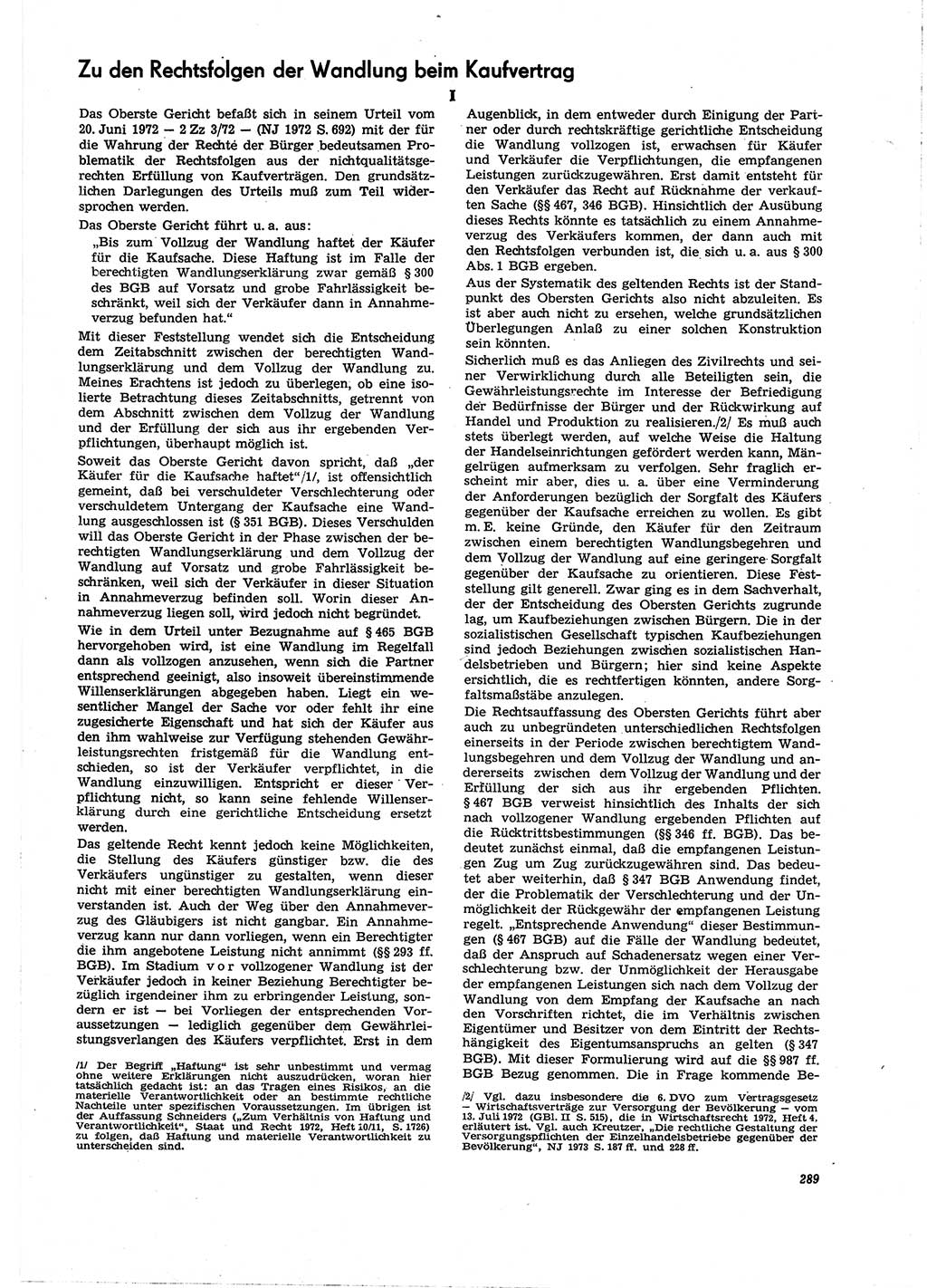 Neue Justiz (NJ), Zeitschrift für Recht und Rechtswissenschaft [Deutsche Demokratische Republik (DDR)], 27. Jahrgang 1973, Seite 289 (NJ DDR 1973, S. 289)