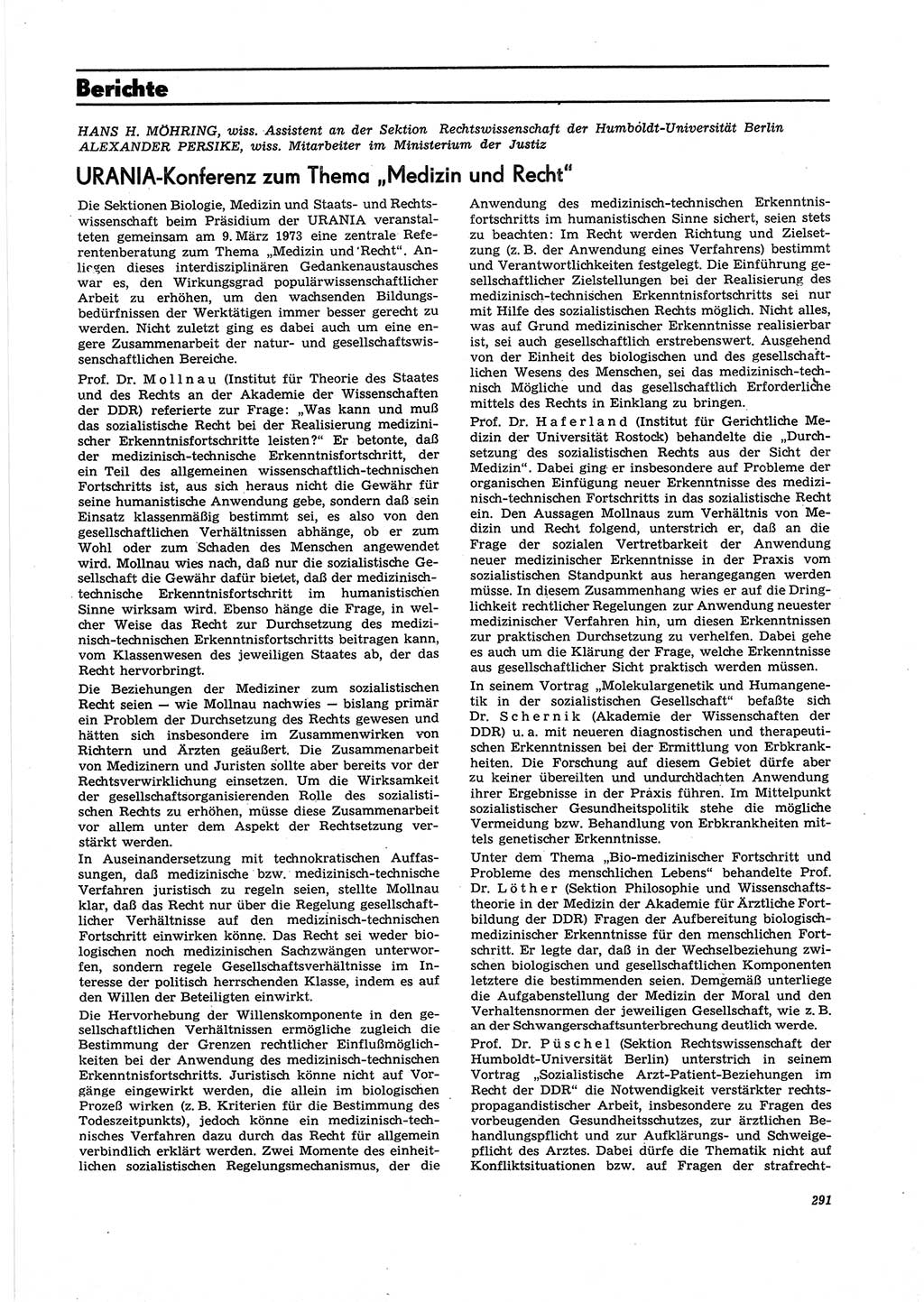 Neue Justiz (NJ), Zeitschrift für Recht und Rechtswissenschaft [Deutsche Demokratische Republik (DDR)], 27. Jahrgang 1973, Seite 291 (NJ DDR 1973, S. 291)