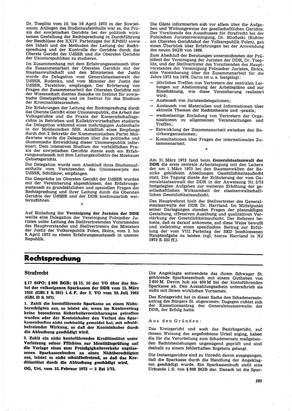 Neue Justiz (NJ), Zeitschrift für Recht und Rechtswissenschaft [Deutsche Demokratische Republik (DDR)], 27. Jahrgang 1973, Seite 295 (NJ DDR 1973, S. 295)