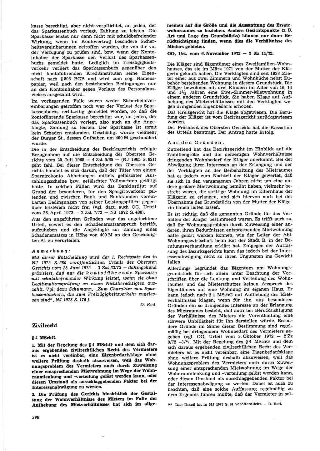 Neue Justiz (NJ), Zeitschrift für Recht und Rechtswissenschaft [Deutsche Demokratische Republik (DDR)], 27. Jahrgang 1973, Seite 296 (NJ DDR 1973, S. 296)