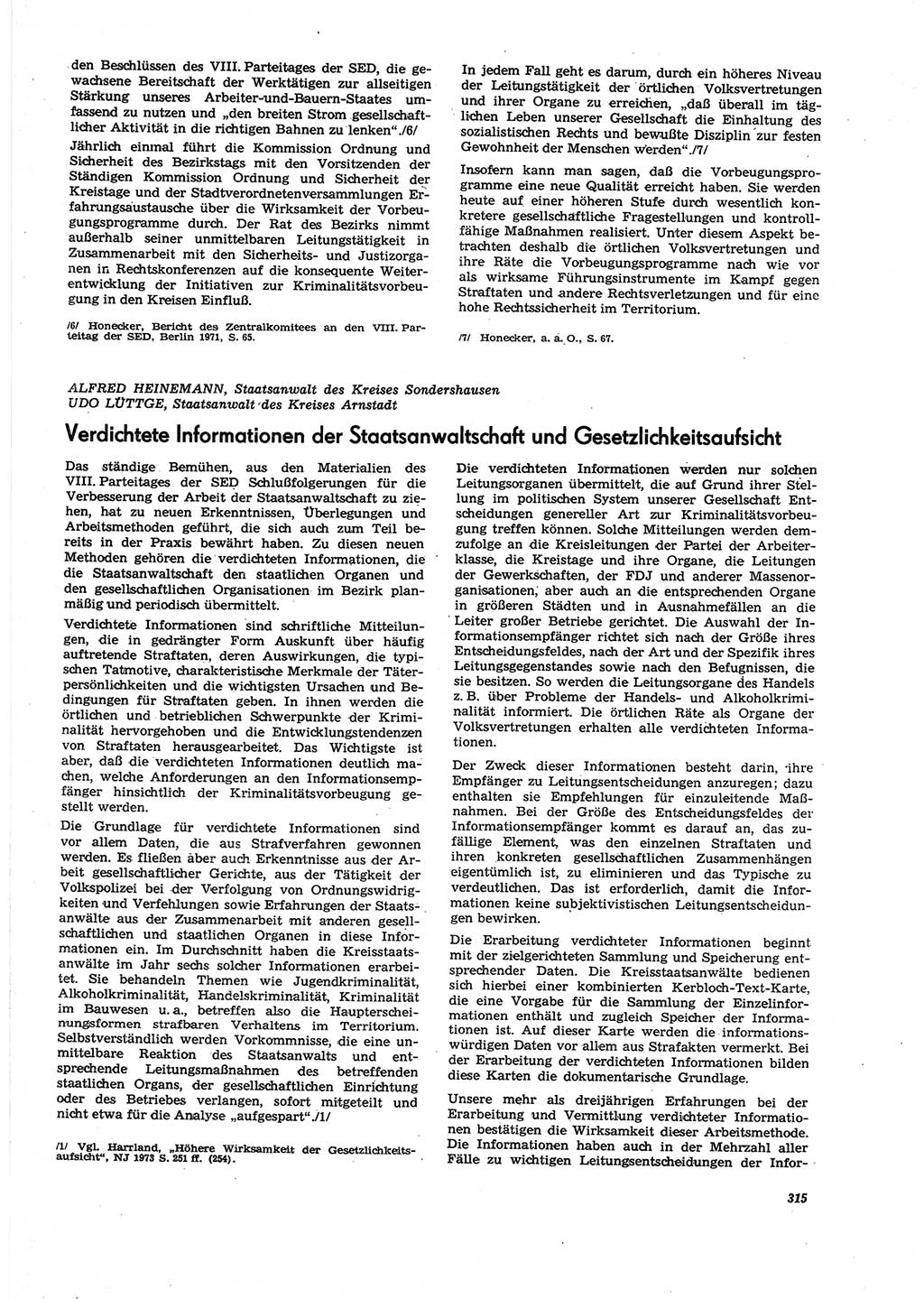 Neue Justiz (NJ), Zeitschrift für Recht und Rechtswissenschaft [Deutsche Demokratische Republik (DDR)], 27. Jahrgang 1973, Seite 315 (NJ DDR 1973, S. 315)