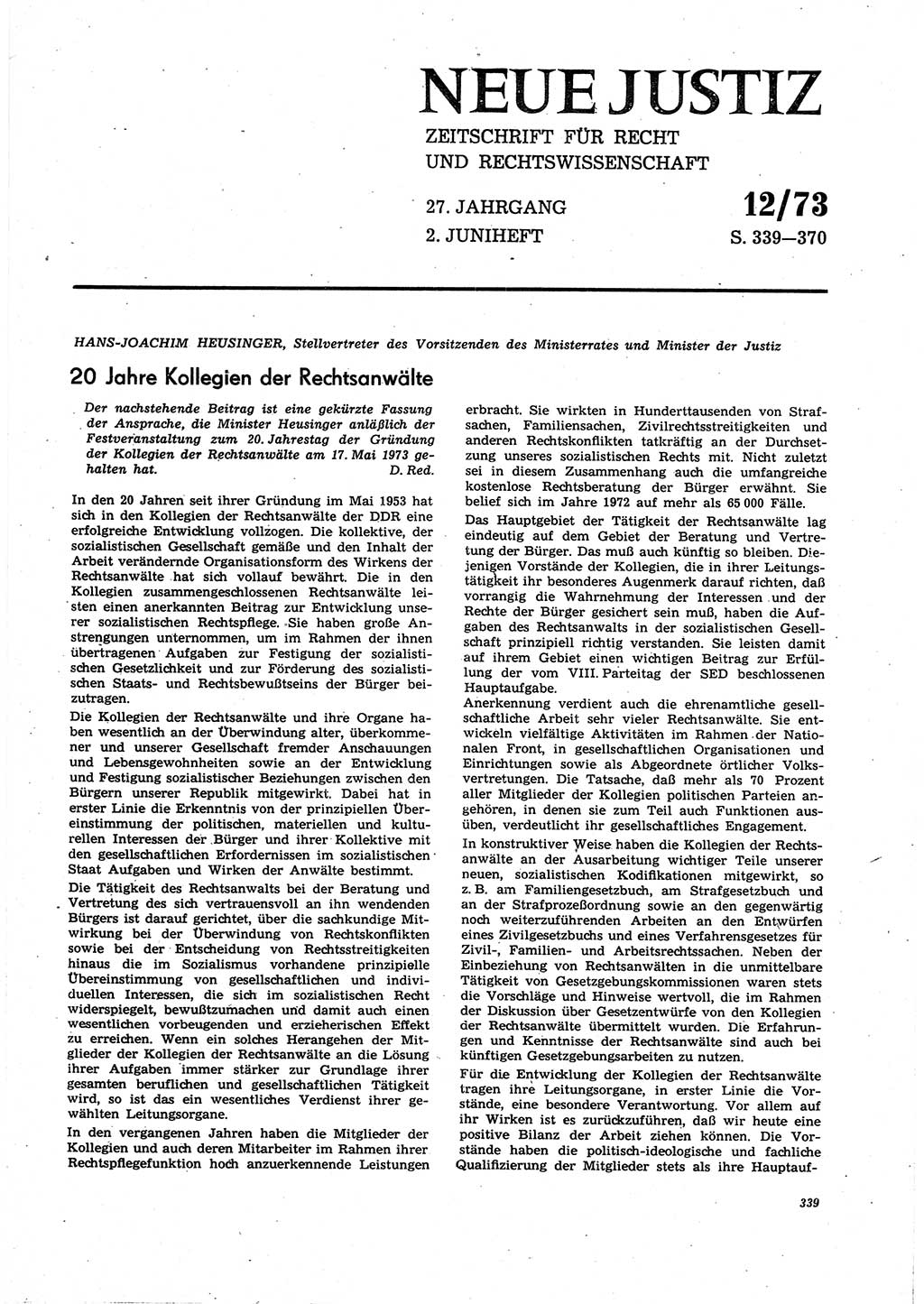 Neue Justiz (NJ), Zeitschrift für Recht und Rechtswissenschaft [Deutsche Demokratische Republik (DDR)], 27. Jahrgang 1973, Seite 339 (NJ DDR 1973, S. 339)