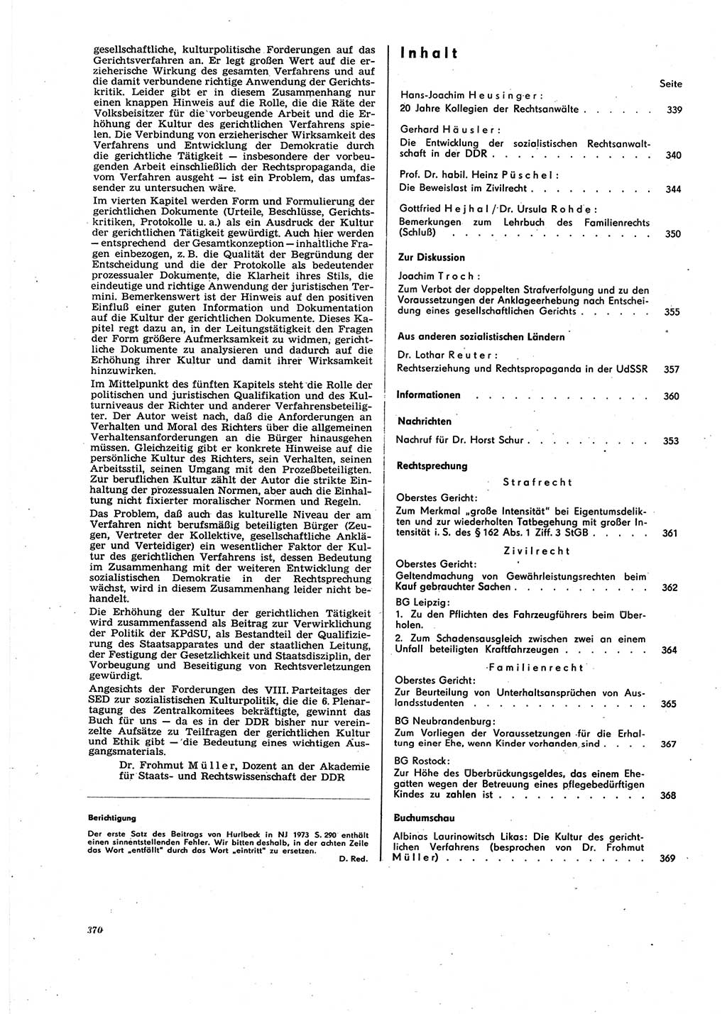 Neue Justiz (NJ), Zeitschrift für Recht und Rechtswissenschaft [Deutsche Demokratische Republik (DDR)], 27. Jahrgang 1973, Seite 370 (NJ DDR 1973, S. 370)