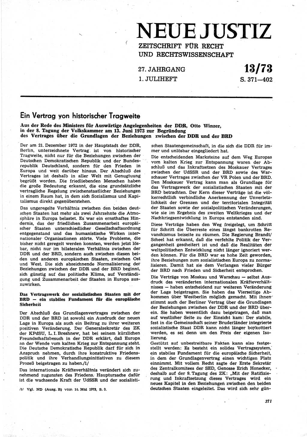 Neue Justiz (NJ), Zeitschrift für Recht und Rechtswissenschaft [Deutsche Demokratische Republik (DDR)], 27. Jahrgang 1973, Seite 371 (NJ DDR 1973, S. 371)