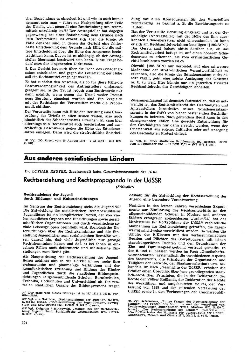 Neue Justiz (NJ), Zeitschrift für Recht und Rechtswissenschaft [Deutsche Demokratische Republik (DDR)], 27. Jahrgang 1973, Seite 394 (NJ DDR 1973, S. 394)