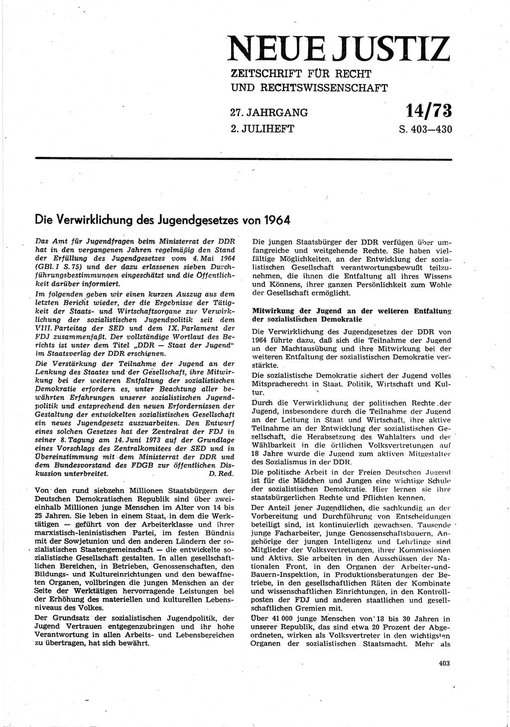 Neue Justiz (NJ), Zeitschrift für Recht und Rechtswissenschaft [Deutsche Demokratische Republik (DDR)], 27. Jahrgang 1973, Seite 403 (NJ DDR 1973, S. 403)