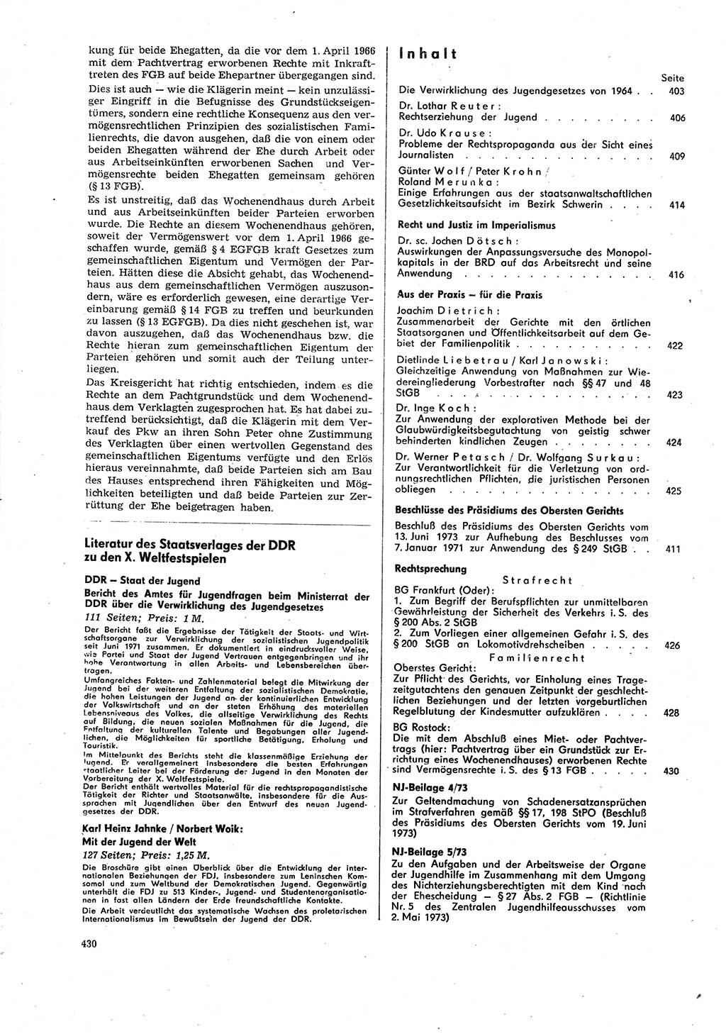 Neue Justiz (NJ), Zeitschrift für Recht und Rechtswissenschaft [Deutsche Demokratische Republik (DDR)], 27. Jahrgang 1973, Seite 430 (NJ DDR 1973, S. 430)