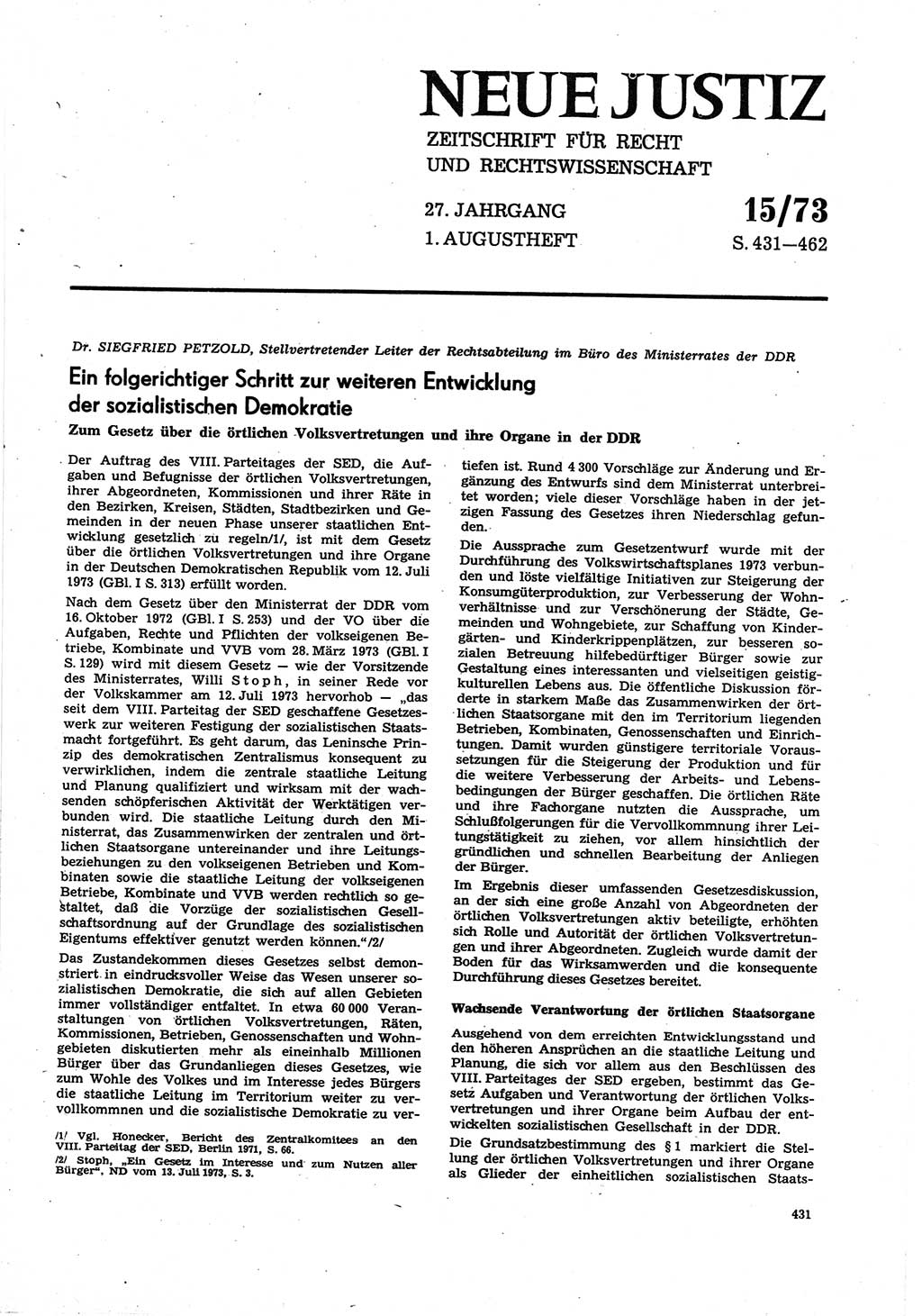 Neue Justiz (NJ), Zeitschrift für Recht und Rechtswissenschaft [Deutsche Demokratische Republik (DDR)], 27. Jahrgang 1973, Seite 431 (NJ DDR 1973, S. 431)