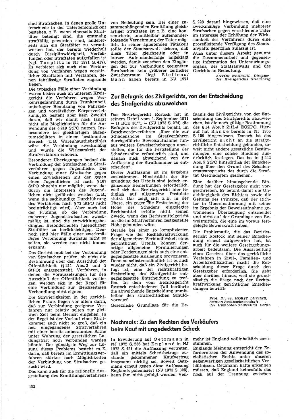 Neue Justiz (NJ), Zeitschrift für Recht und Rechtswissenschaft [Deutsche Demokratische Republik (DDR)], 27. Jahrgang 1973, Seite 452 (NJ DDR 1973, S. 452)