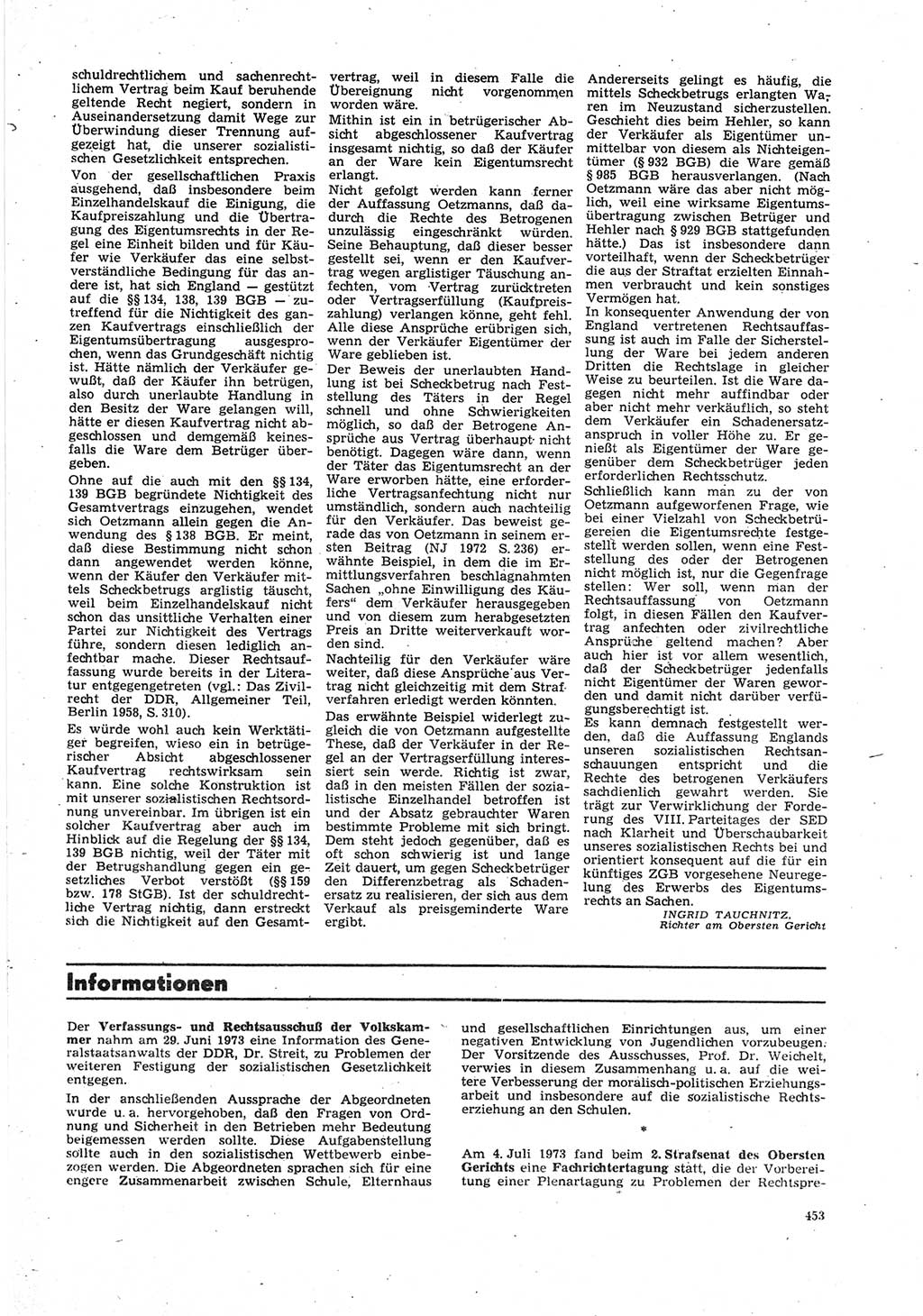 Neue Justiz (NJ), Zeitschrift für Recht und Rechtswissenschaft [Deutsche Demokratische Republik (DDR)], 27. Jahrgang 1973, Seite 453 (NJ DDR 1973, S. 453)