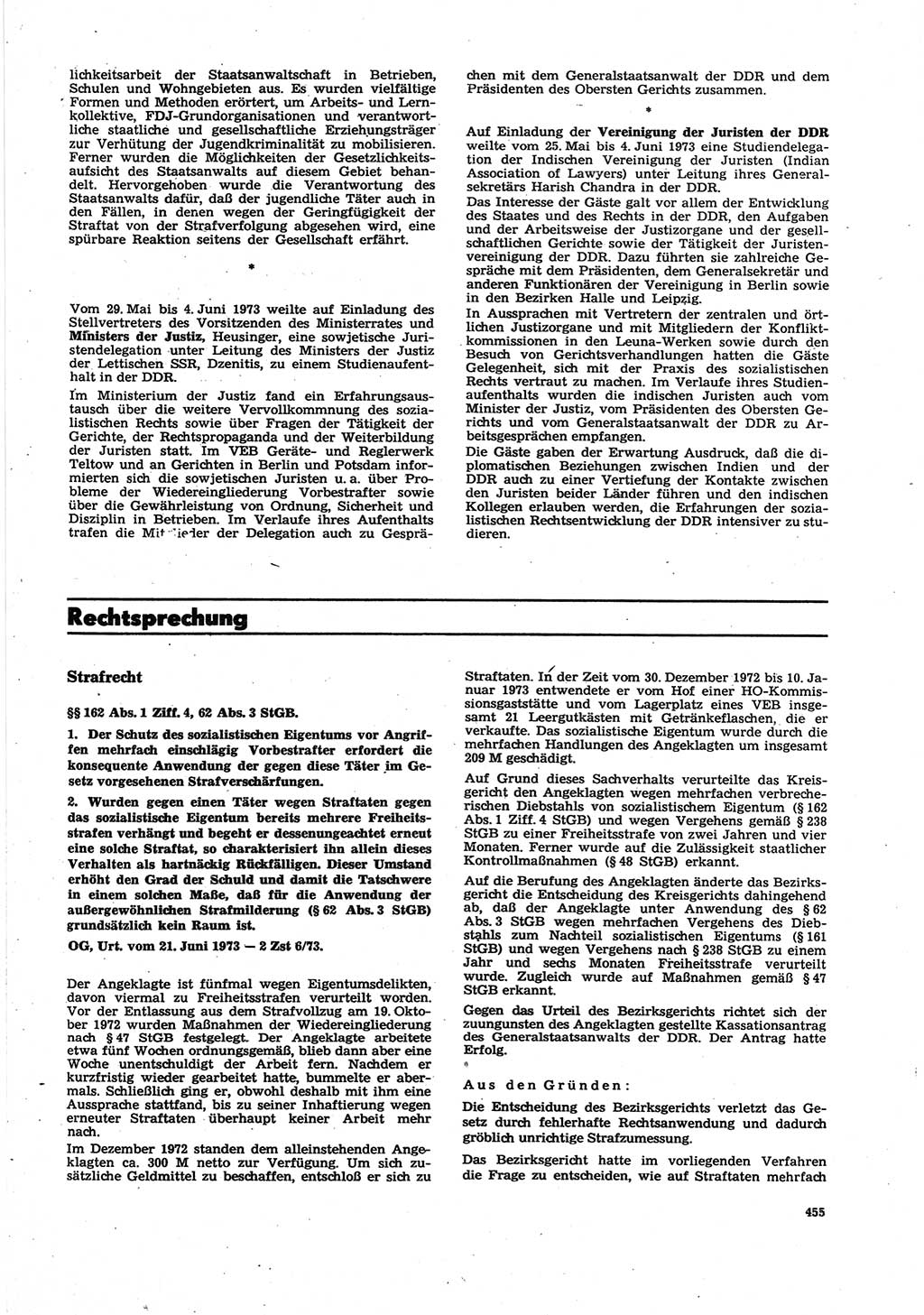 Neue Justiz (NJ), Zeitschrift für Recht und Rechtswissenschaft [Deutsche Demokratische Republik (DDR)], 27. Jahrgang 1973, Seite 455 (NJ DDR 1973, S. 455)