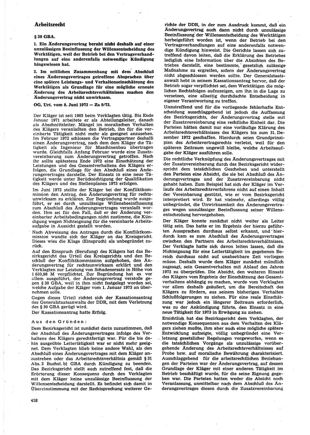 Neue Justiz (NJ), Zeitschrift für Recht und Rechtswissenschaft [Deutsche Demokratische Republik (DDR)], 27. Jahrgang 1973, Seite 458 (NJ DDR 1973, S. 458)