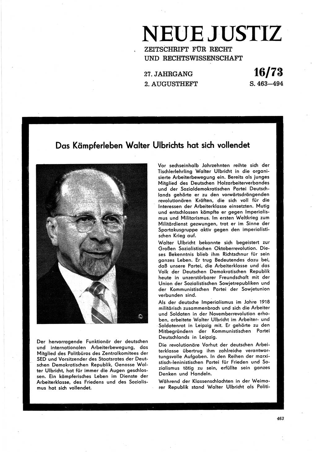 Neue Justiz (NJ), Zeitschrift für Recht und Rechtswissenschaft [Deutsche Demokratische Republik (DDR)], 27. Jahrgang 1973, Seite 463 (NJ DDR 1973, S. 463)
