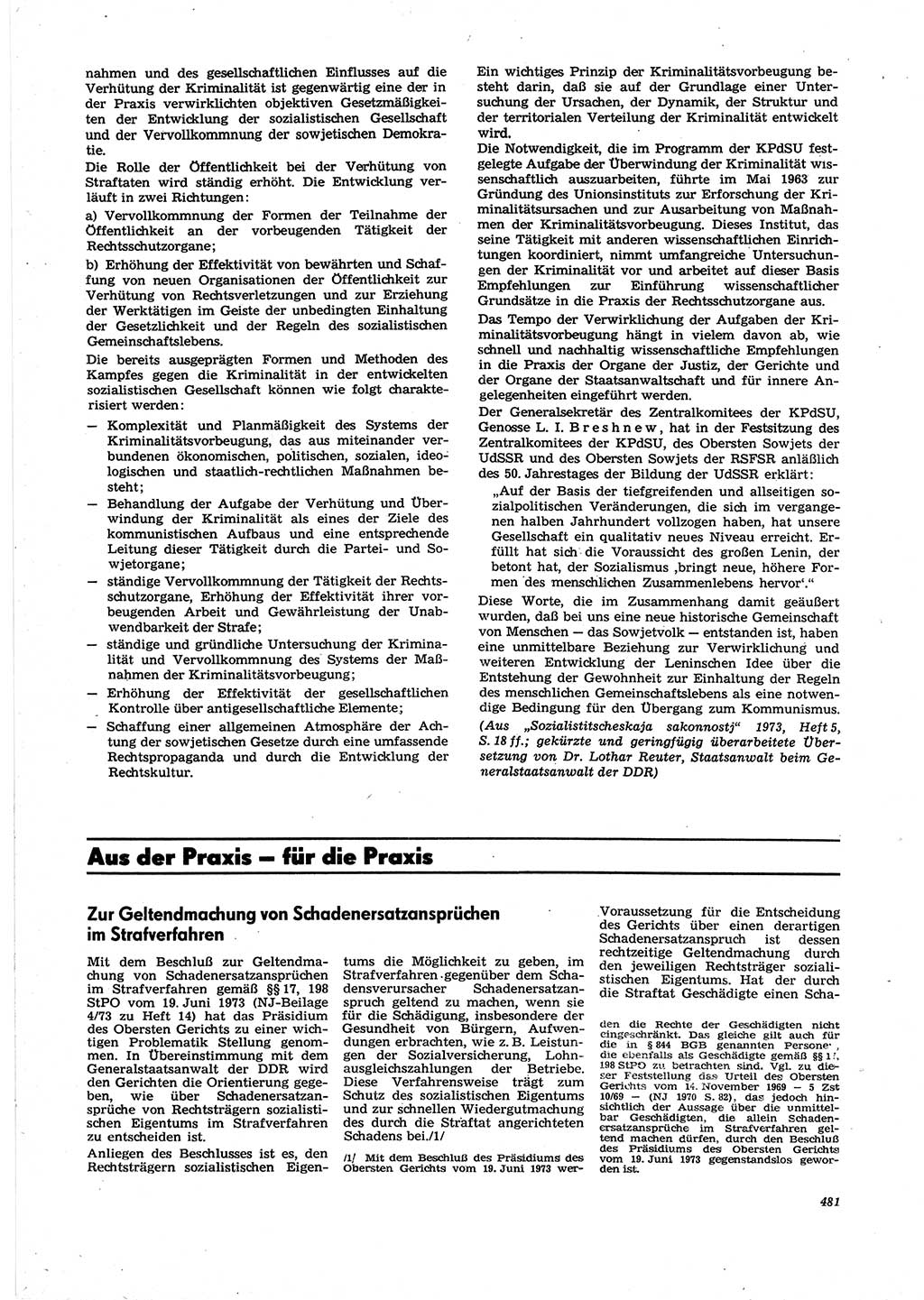 Neue Justiz (NJ), Zeitschrift für Recht und Rechtswissenschaft [Deutsche Demokratische Republik (DDR)], 27. Jahrgang 1973, Seite 481 (NJ DDR 1973, S. 481)