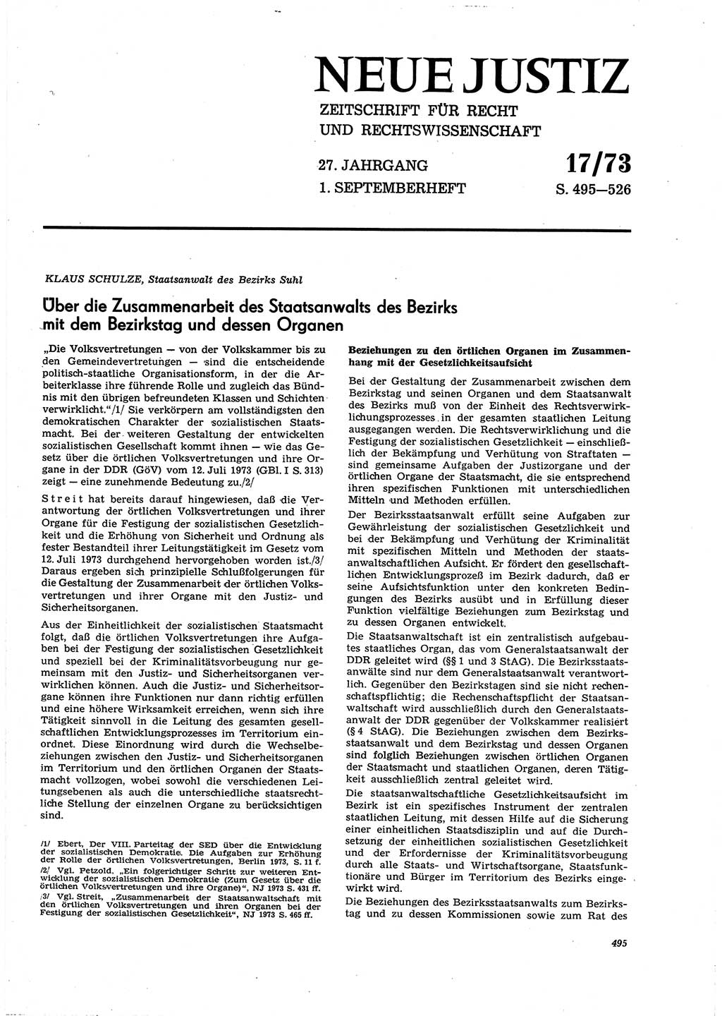 Neue Justiz (NJ), Zeitschrift für Recht und Rechtswissenschaft [Deutsche Demokratische Republik (DDR)], 27. Jahrgang 1973, Seite 495 (NJ DDR 1973, S. 495)