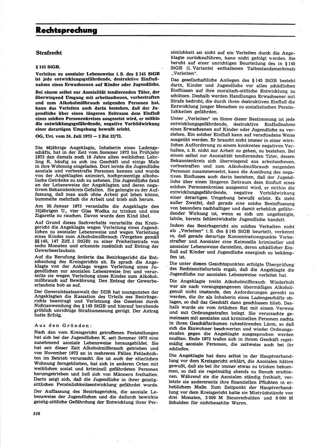 Neue Justiz (NJ), Zeitschrift für Recht und Rechtswissenschaft [Deutsche Demokratische Republik (DDR)], 27. Jahrgang 1973, Seite 516 (NJ DDR 1973, S. 516)