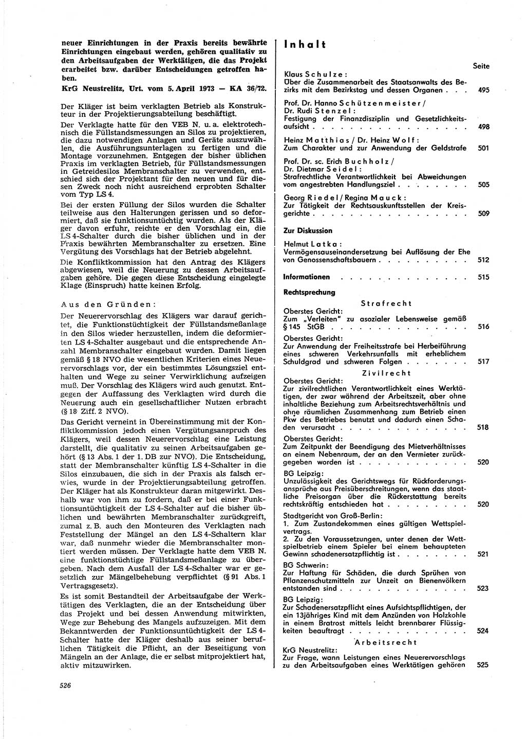 Neue Justiz (NJ), Zeitschrift für Recht und Rechtswissenschaft [Deutsche Demokratische Republik (DDR)], 27. Jahrgang 1973, Seite 526 (NJ DDR 1973, S. 526)