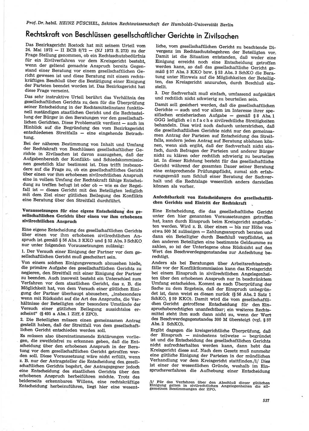 Neue Justiz (NJ), Zeitschrift für Recht und Rechtswissenschaft [Deutsche Demokratische Republik (DDR)], 27. Jahrgang 1973, Seite 537 (NJ DDR 1973, S. 537)