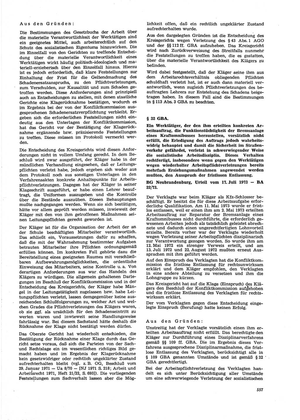 Neue Justiz (NJ), Zeitschrift für Recht und Rechtswissenschaft [Deutsche Demokratische Republik (DDR)], 27. Jahrgang 1973, Seite 557 (NJ DDR 1973, S. 557)